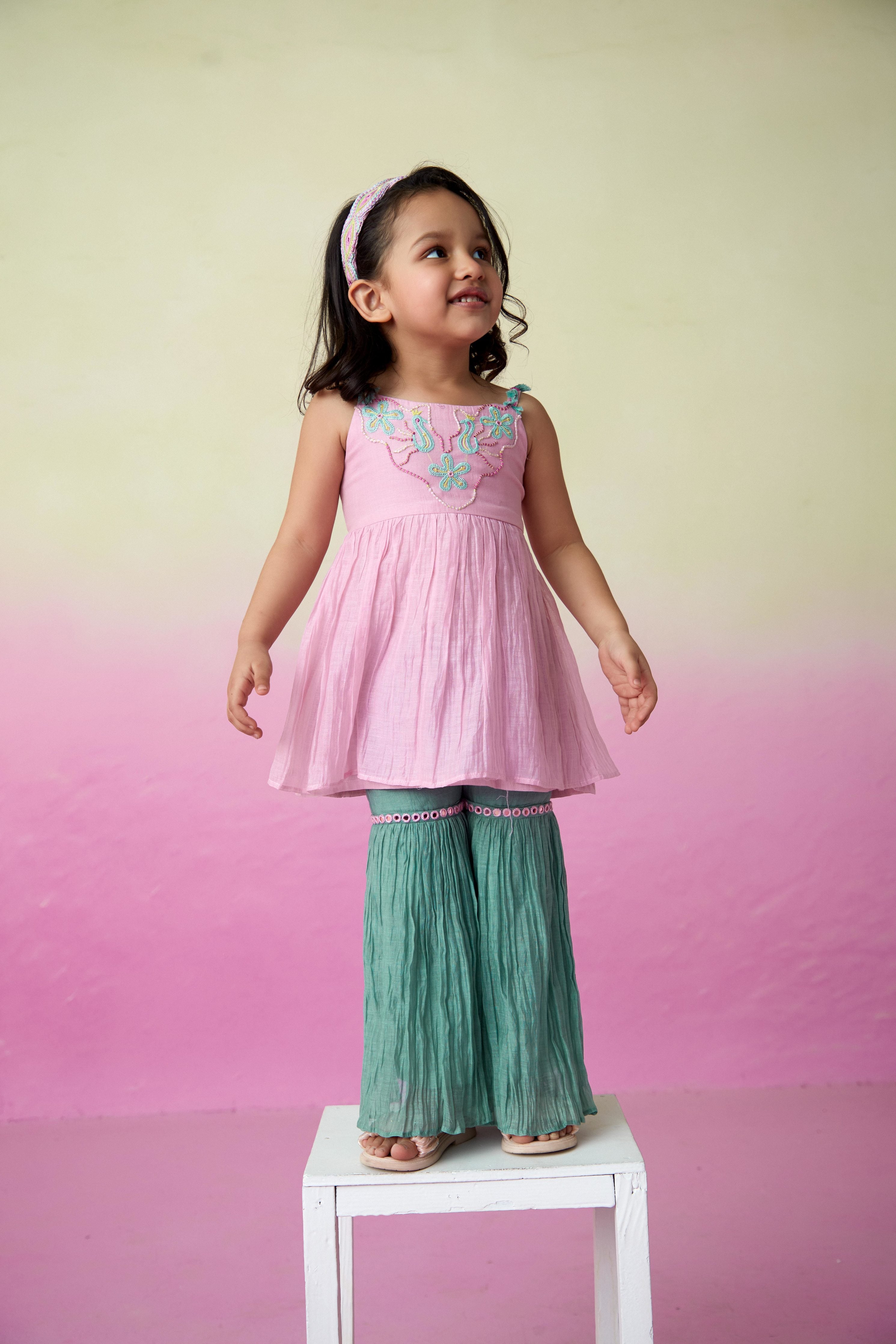 Orchid Pink Hand embroidered Kurta with Mint Sharara for Girls