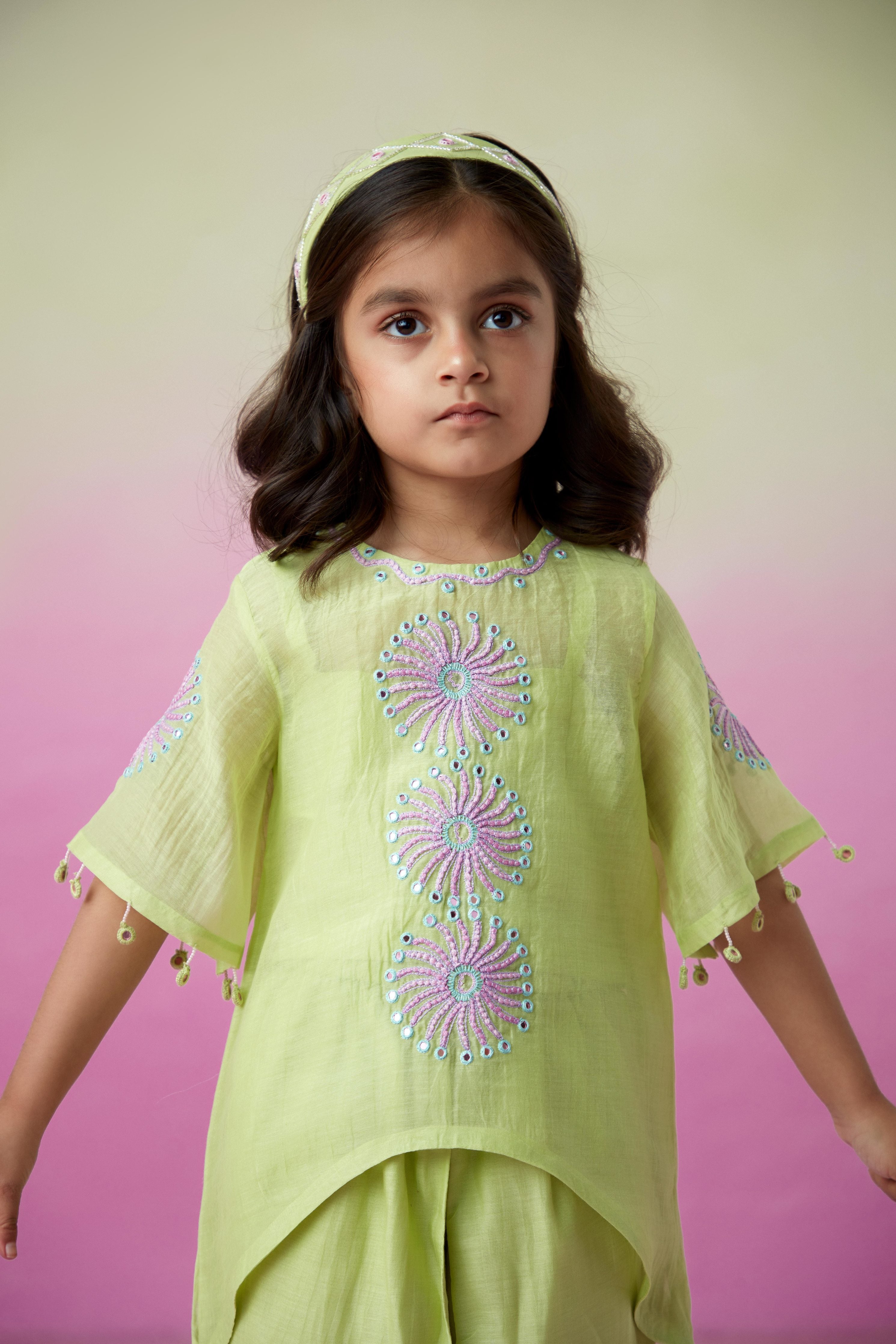 Lime Hand embroidered Kurta with Tulip Pants set for Girls