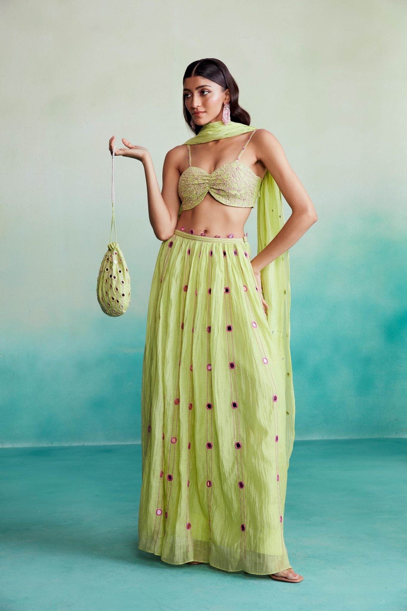 Lime Hand embroidered Skirt Top & Dupatta set