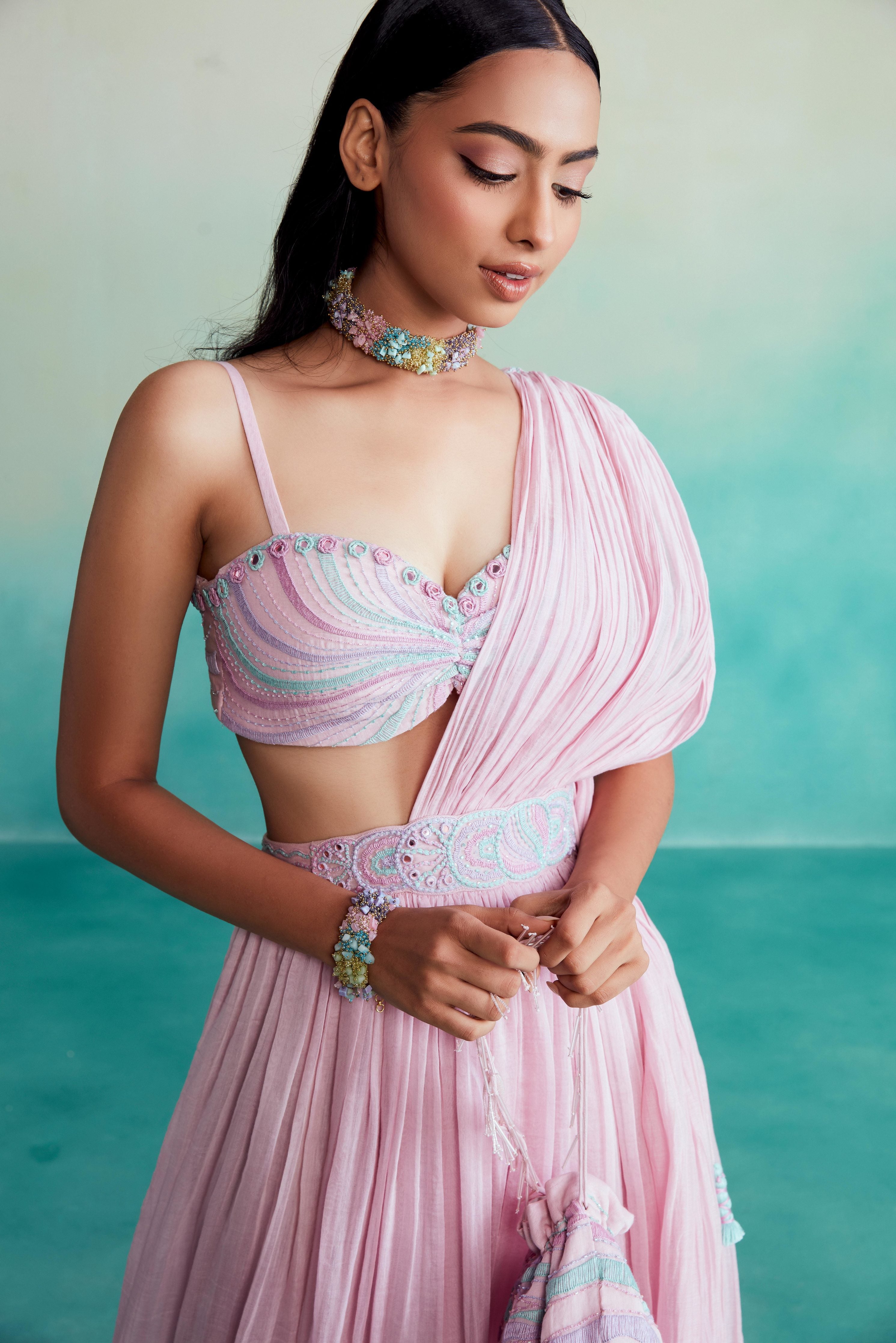 Orchid Pink Skirt Saree set with hand embroidered bustier
