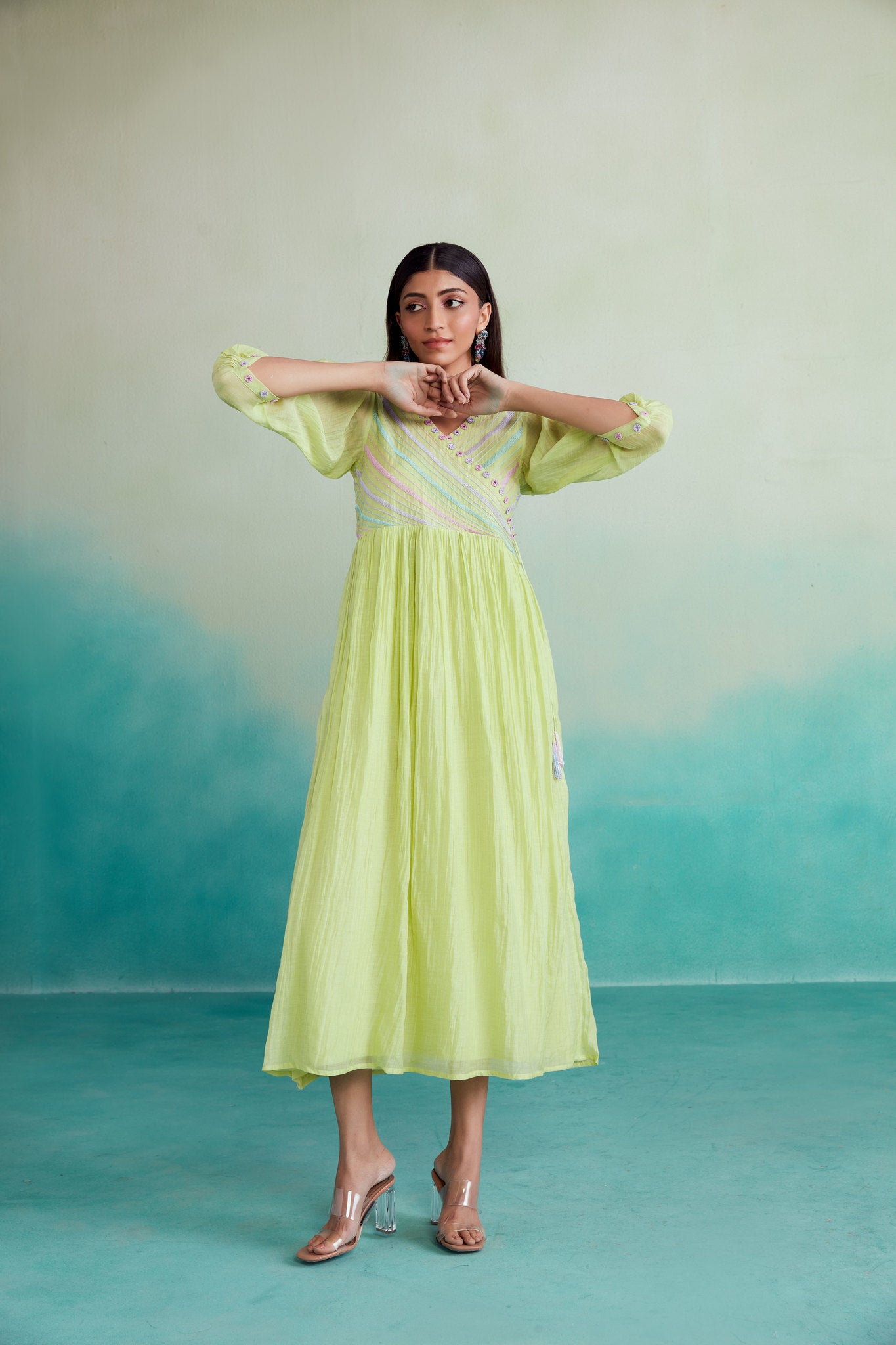 Lime Hand embroidered gathered Dress