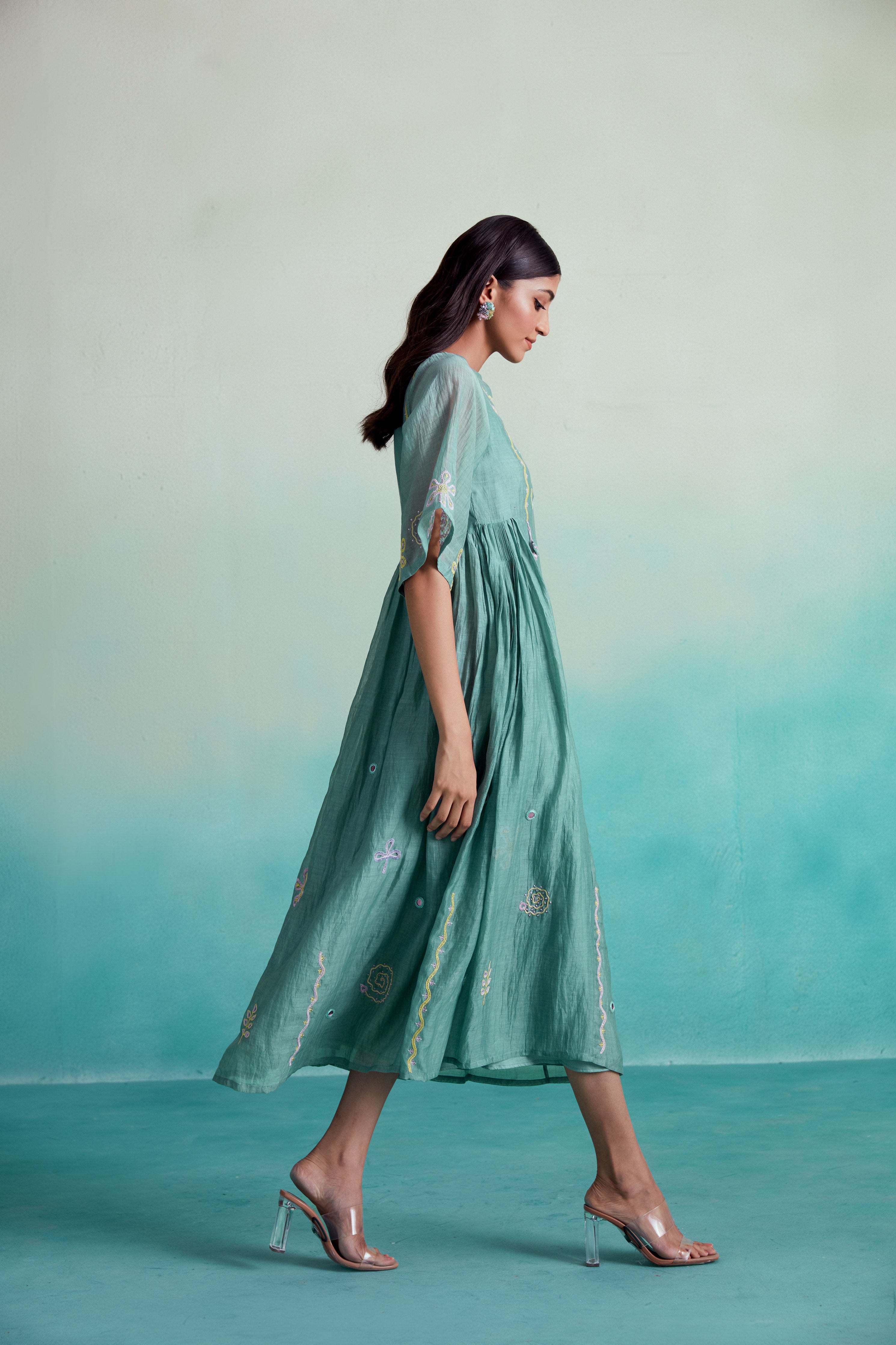 Mint Hand embroidered gathered Dress