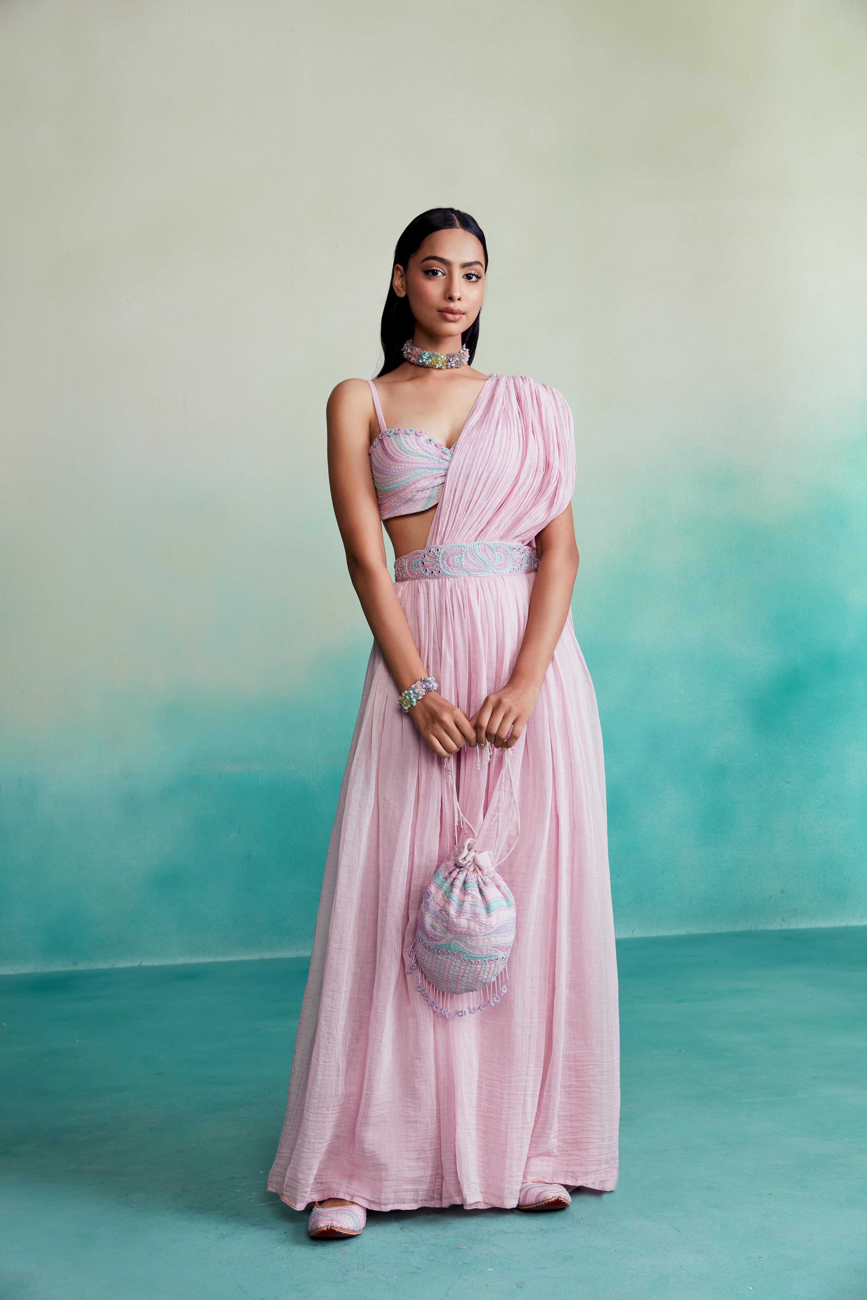 Orchid Pink Skirt Saree set with hand embroidered bustier