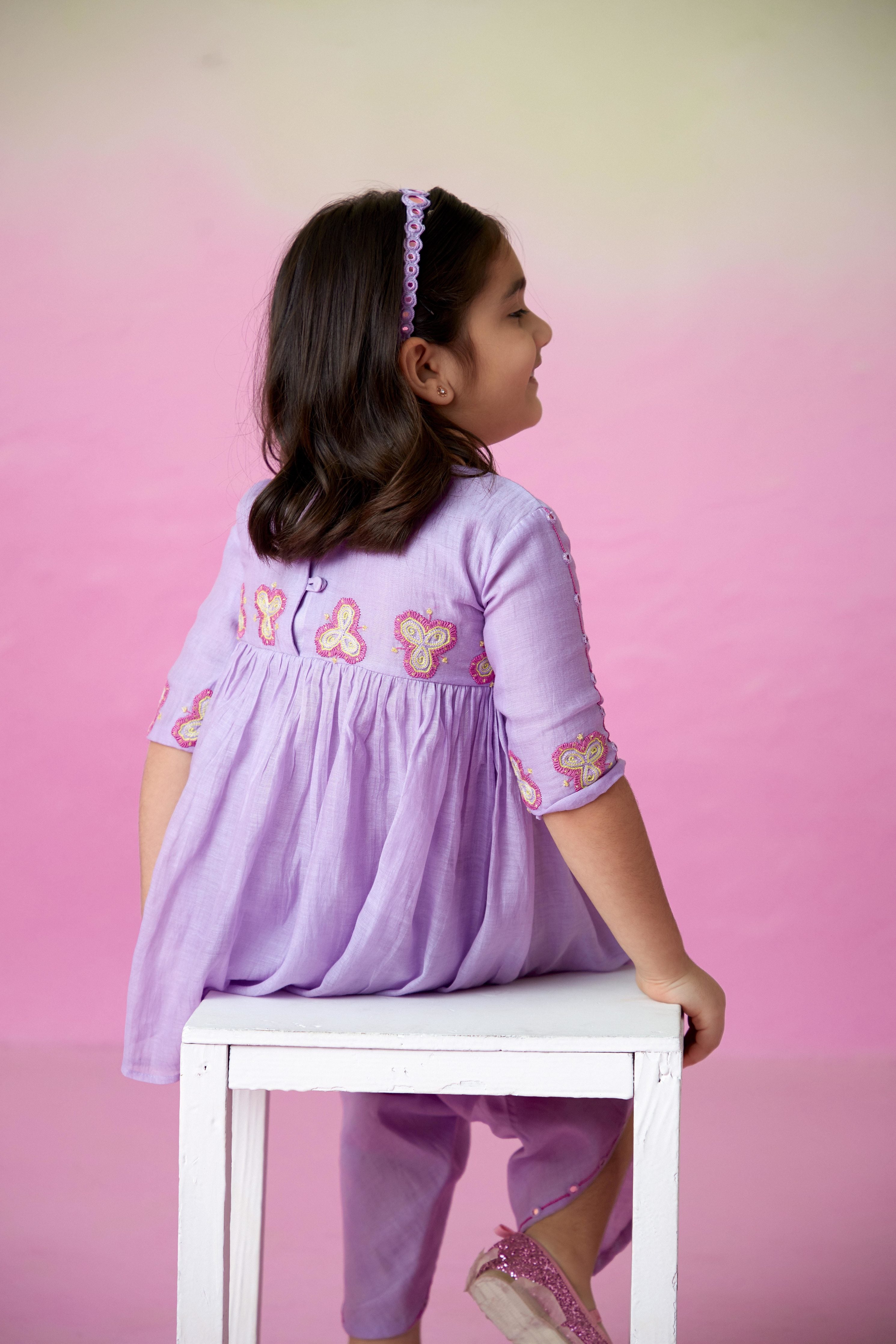 Digital Lavender hand embroidered Kurta-Tulip Pants set for Girls