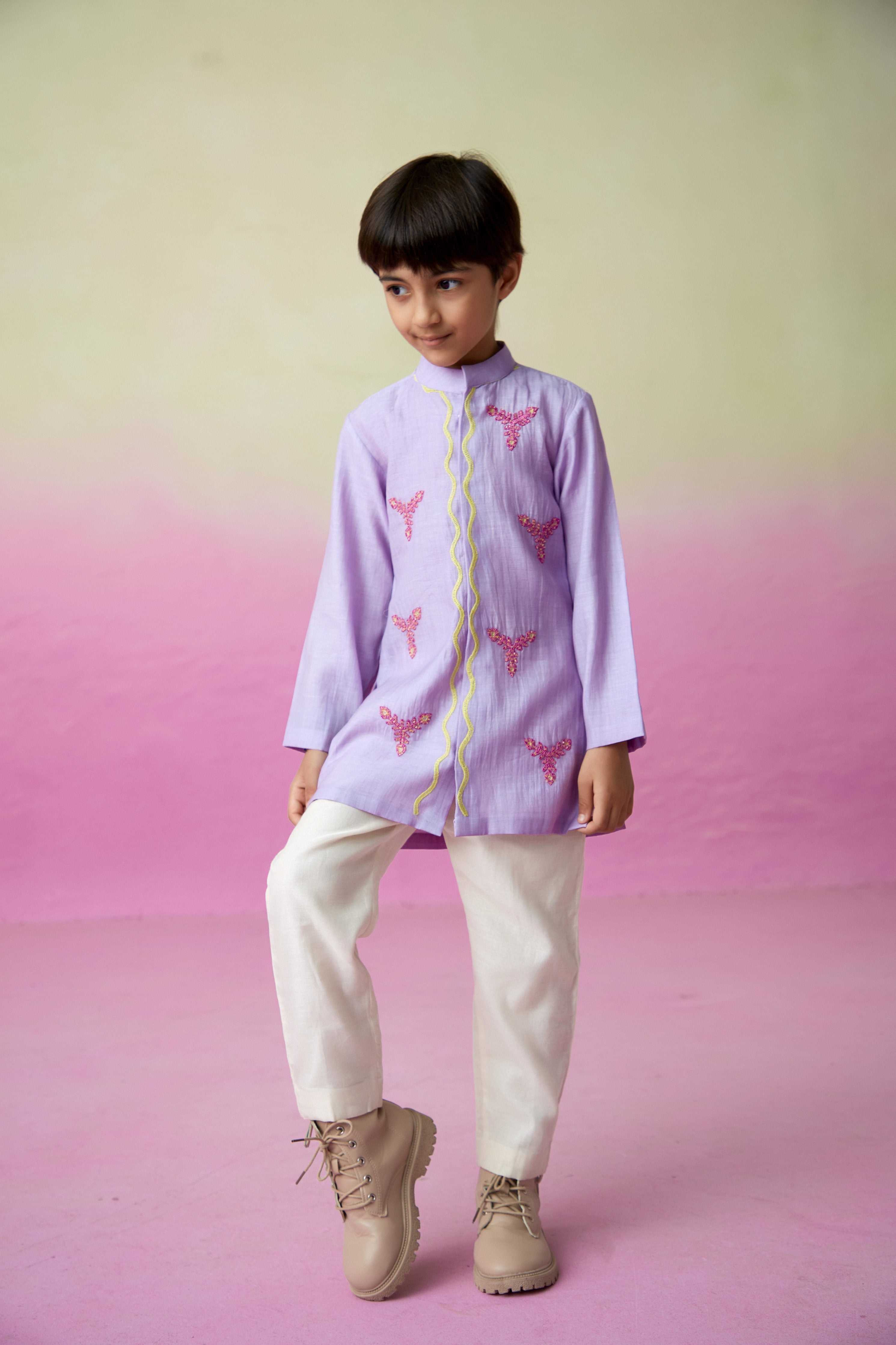 Digital Lavender Hand embroidered Kurta Set for Boys