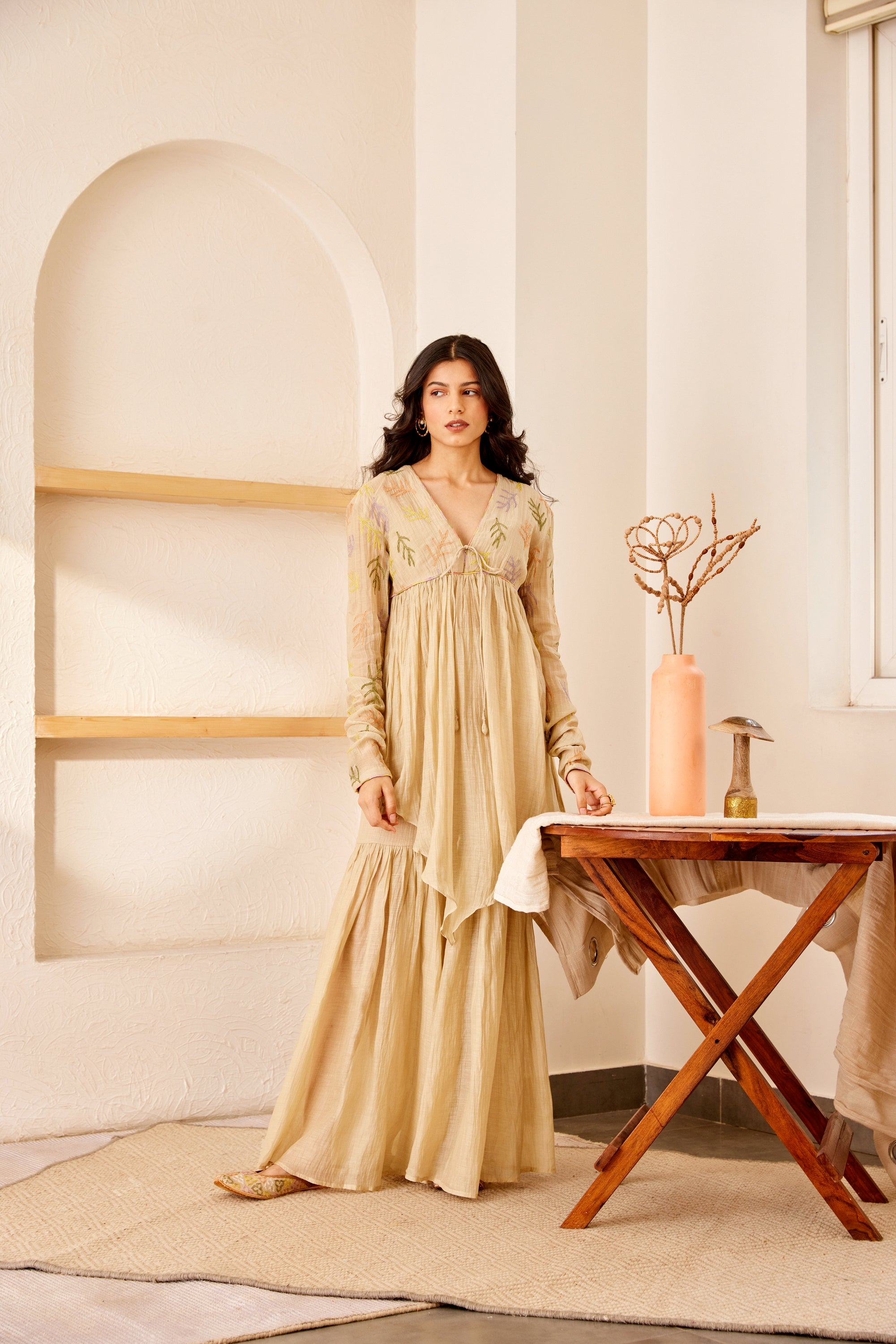 Beige chanderi silk hand embroidered sharara kurta set