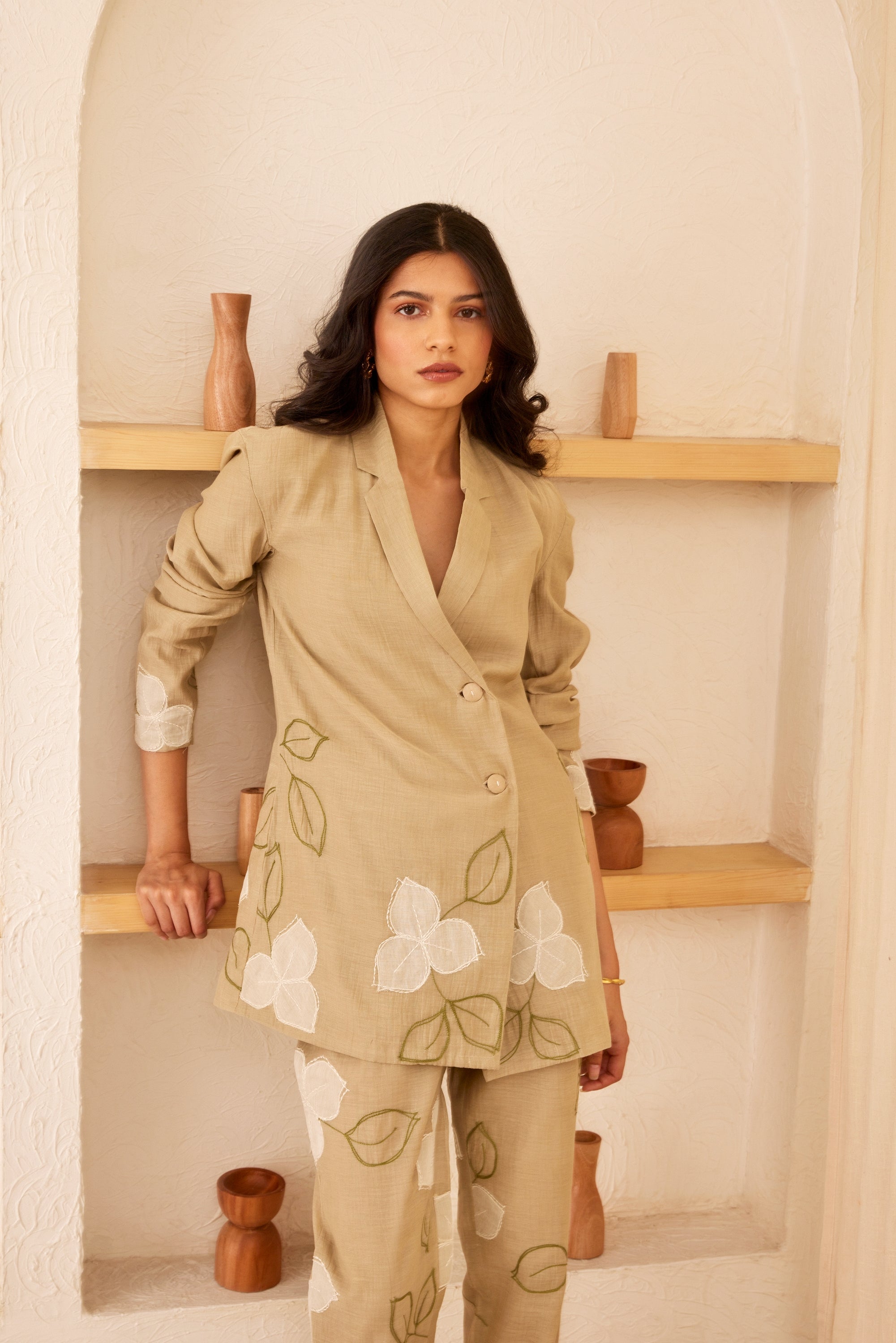 Beige chanderi silk hand embroidered blazer set