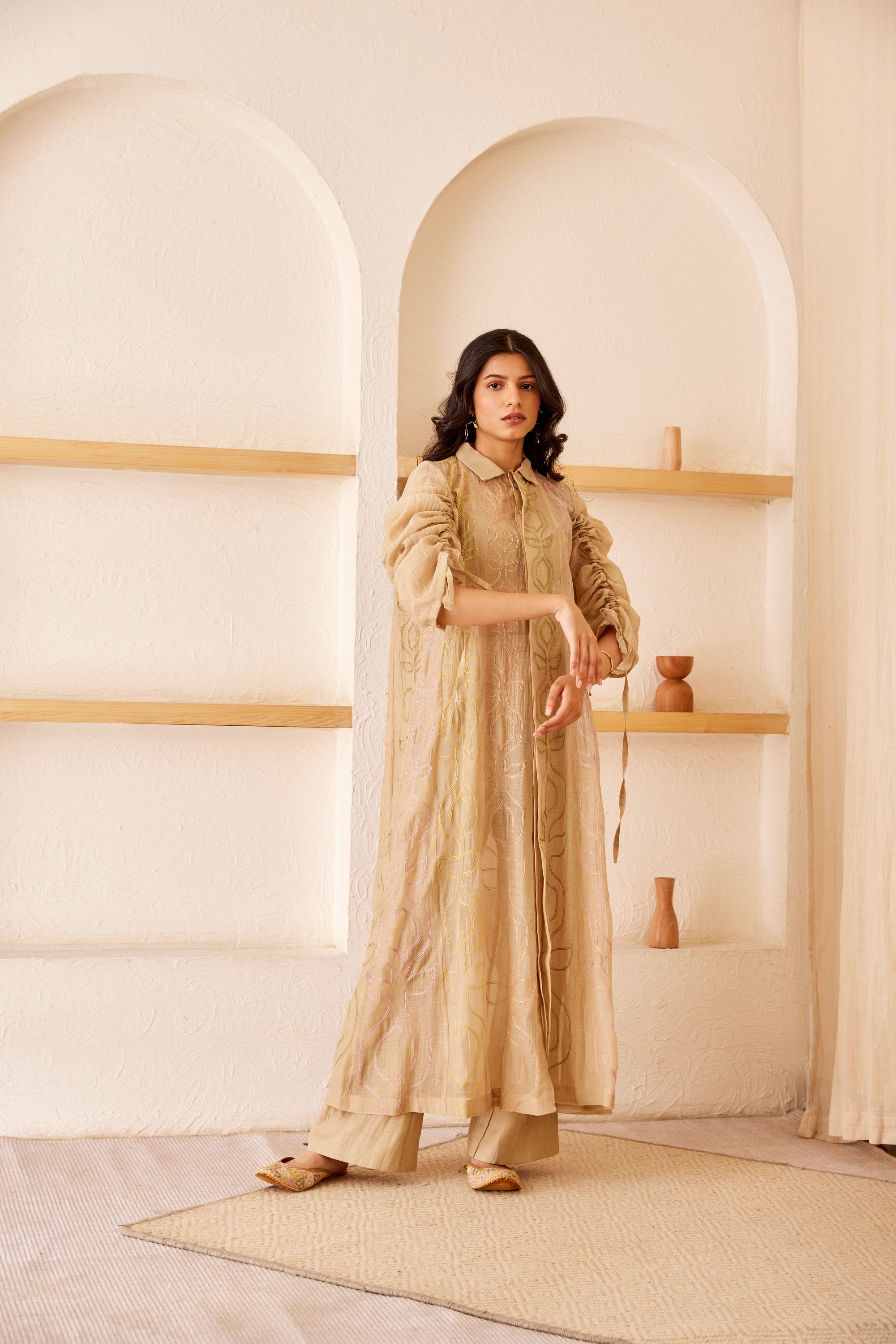 Beige chanderi silk hand embroidered kurta/dress