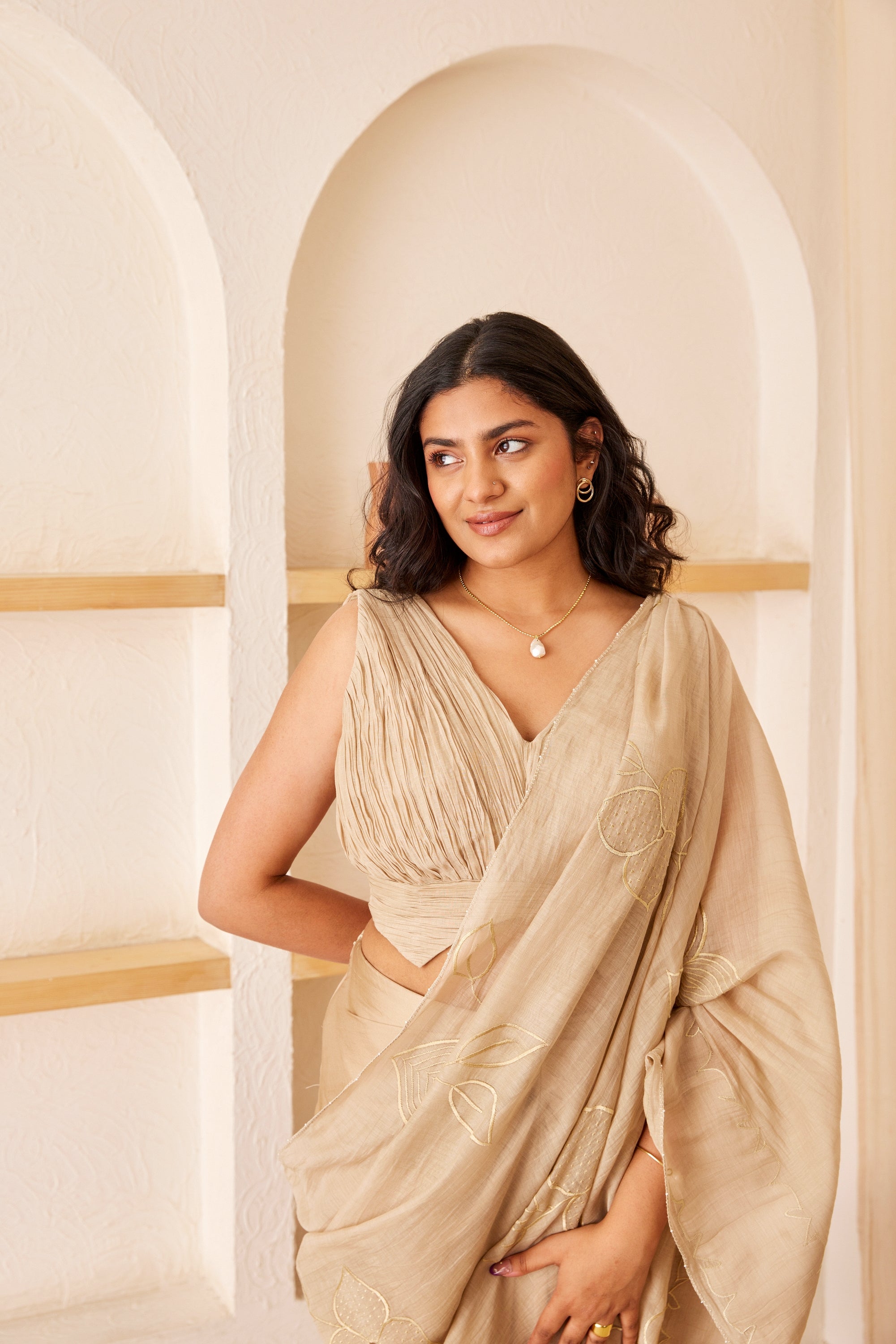 Beige chanderi silk embroidered pre-draped saree