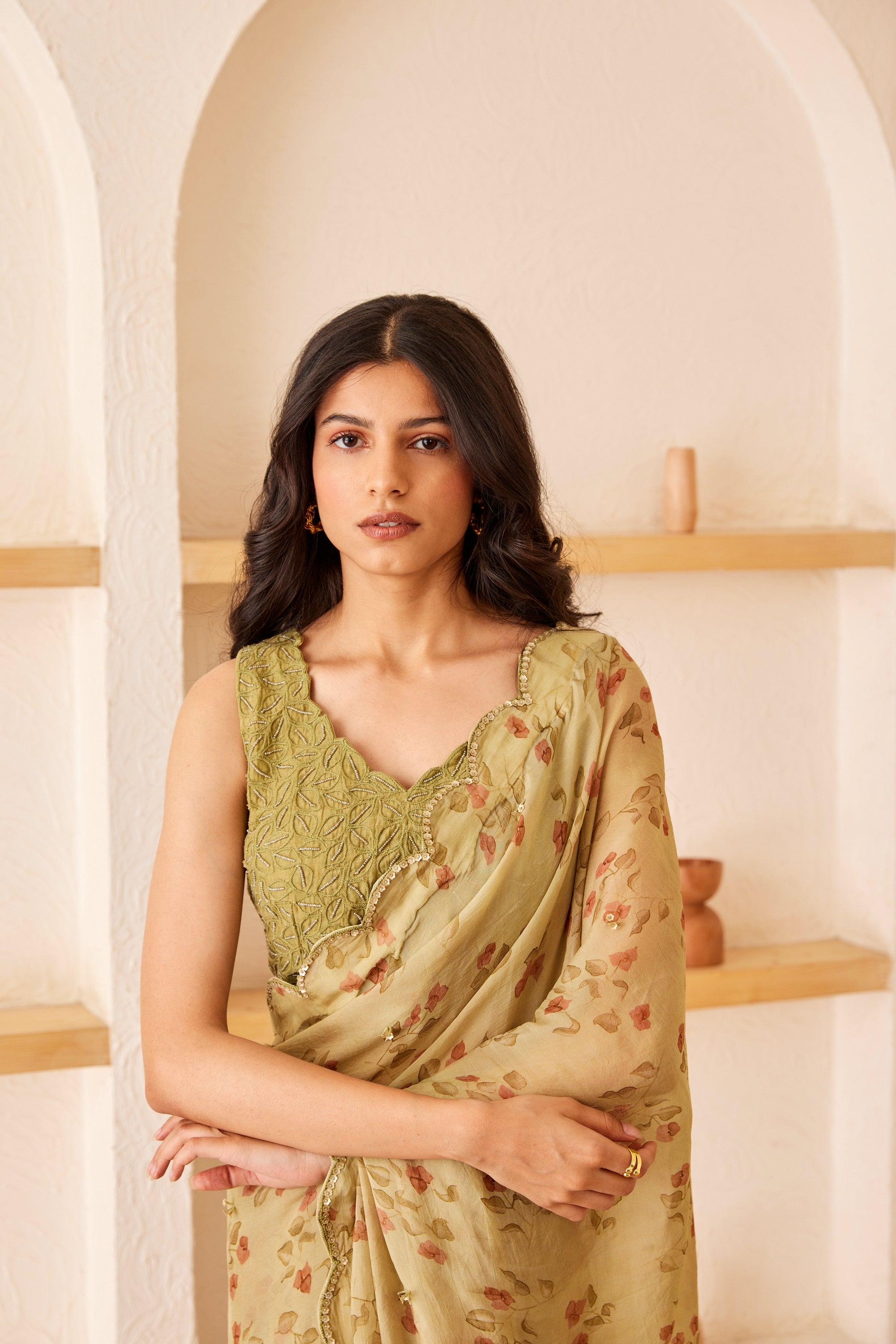 Green chanderi silk hand embroidered blouse
