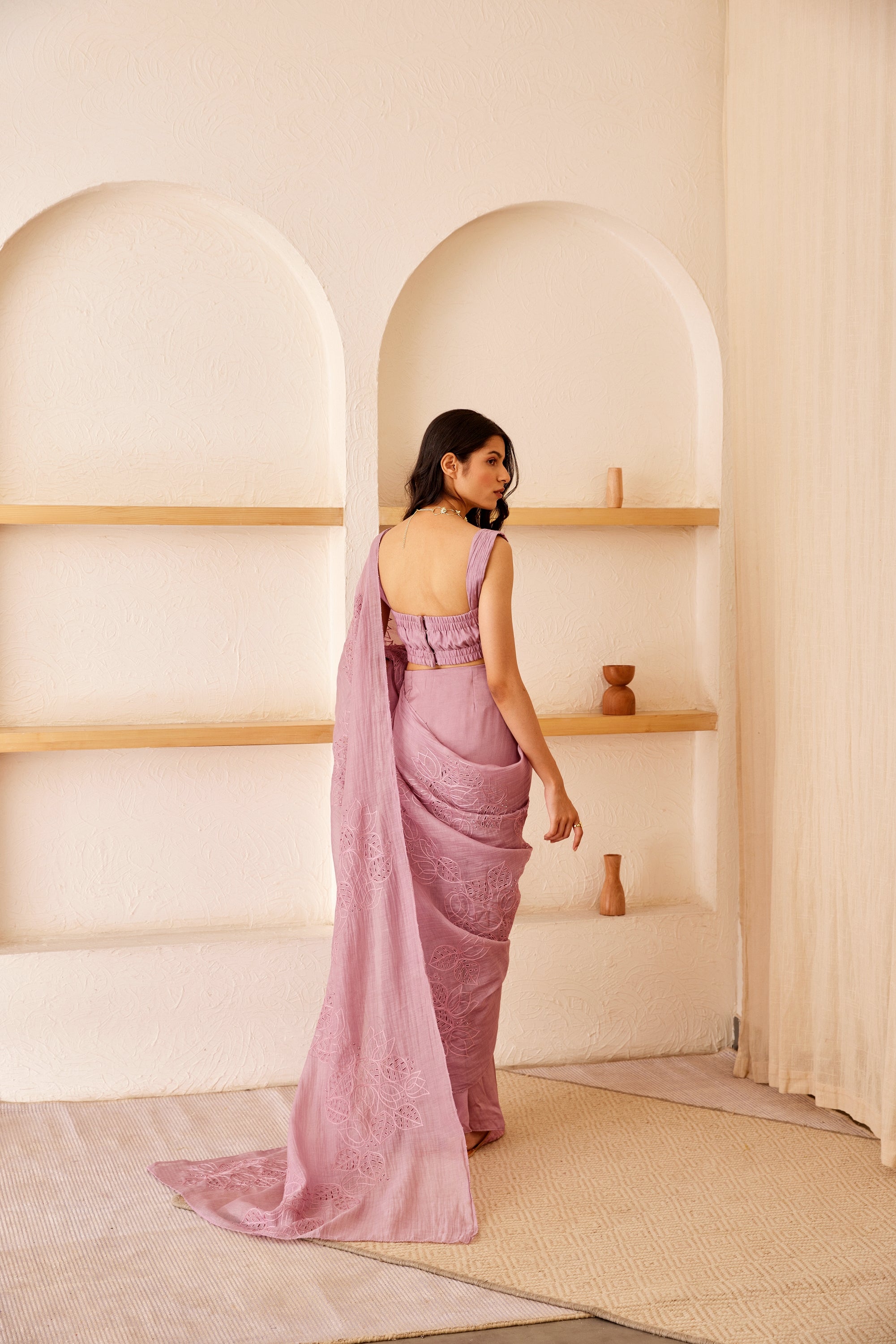 Lavender chanderi silk hand embroidered pre-draped saree