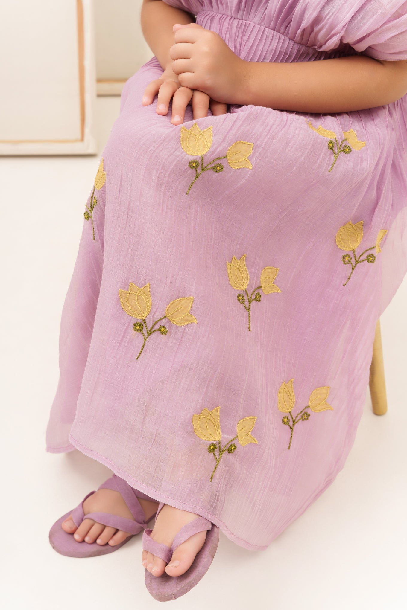 Lavender chanderi silk hand embroidered dress