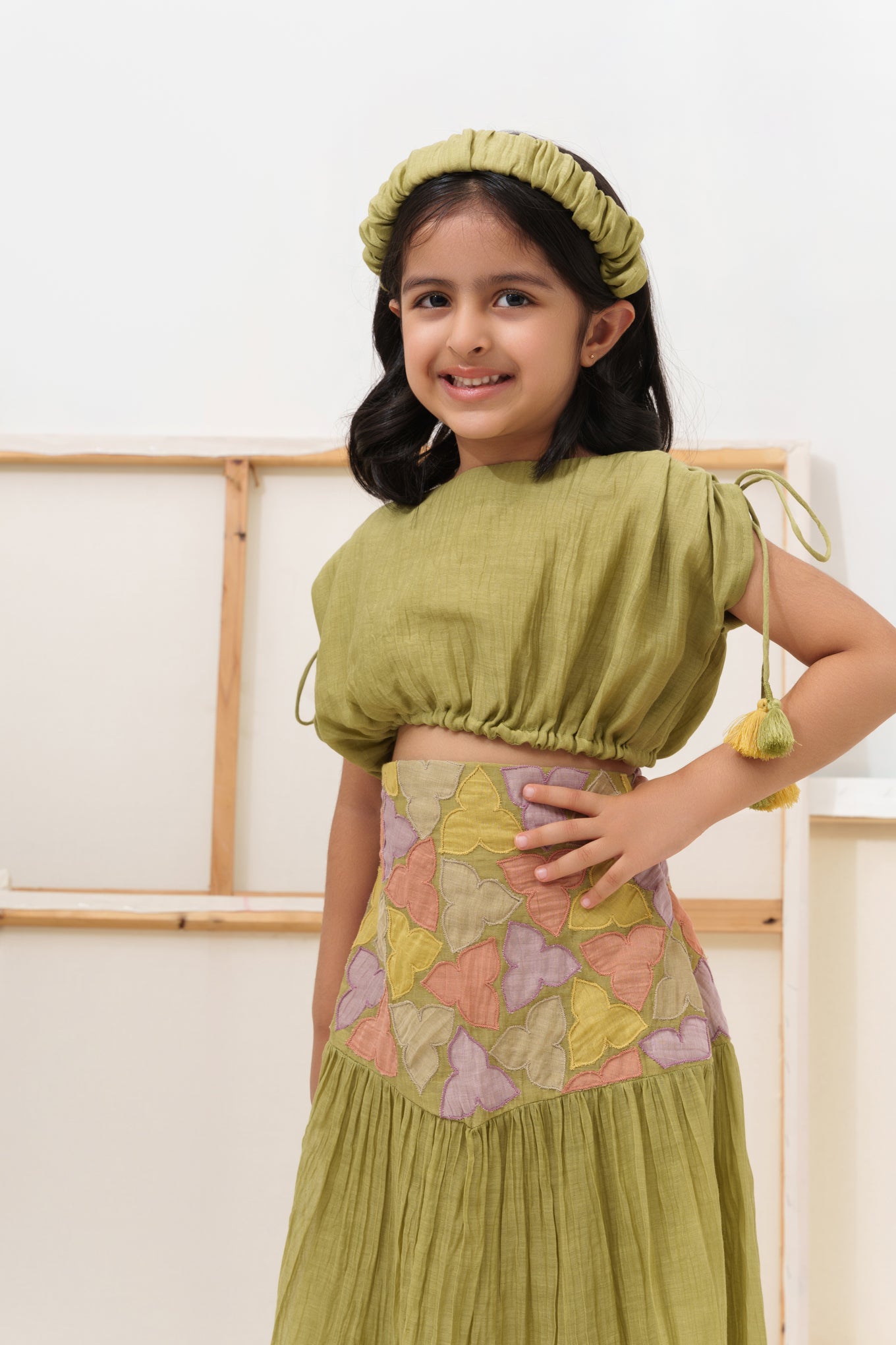 Green chanderi silk hand embroidered girls co-ord set