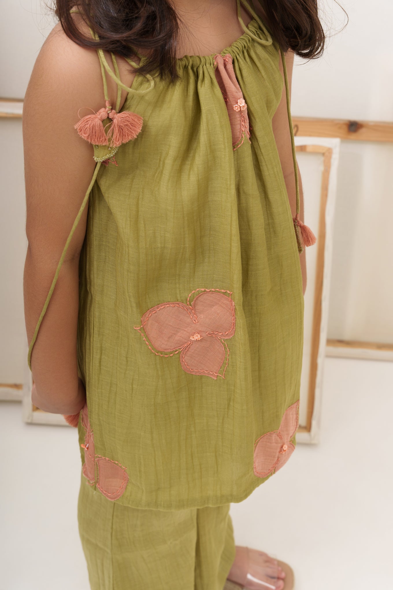 Green chanderi silk hand embroidered girls kurta set