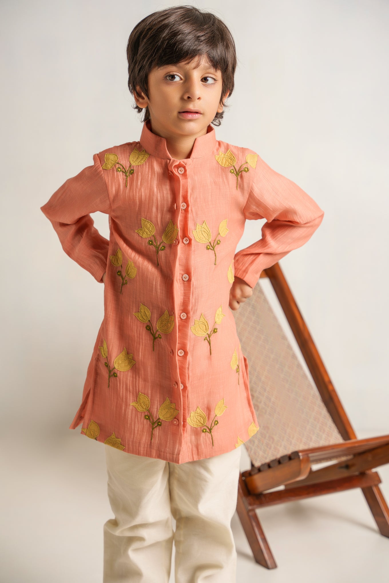 Peach chanderi silk hand embroidered kurta set
