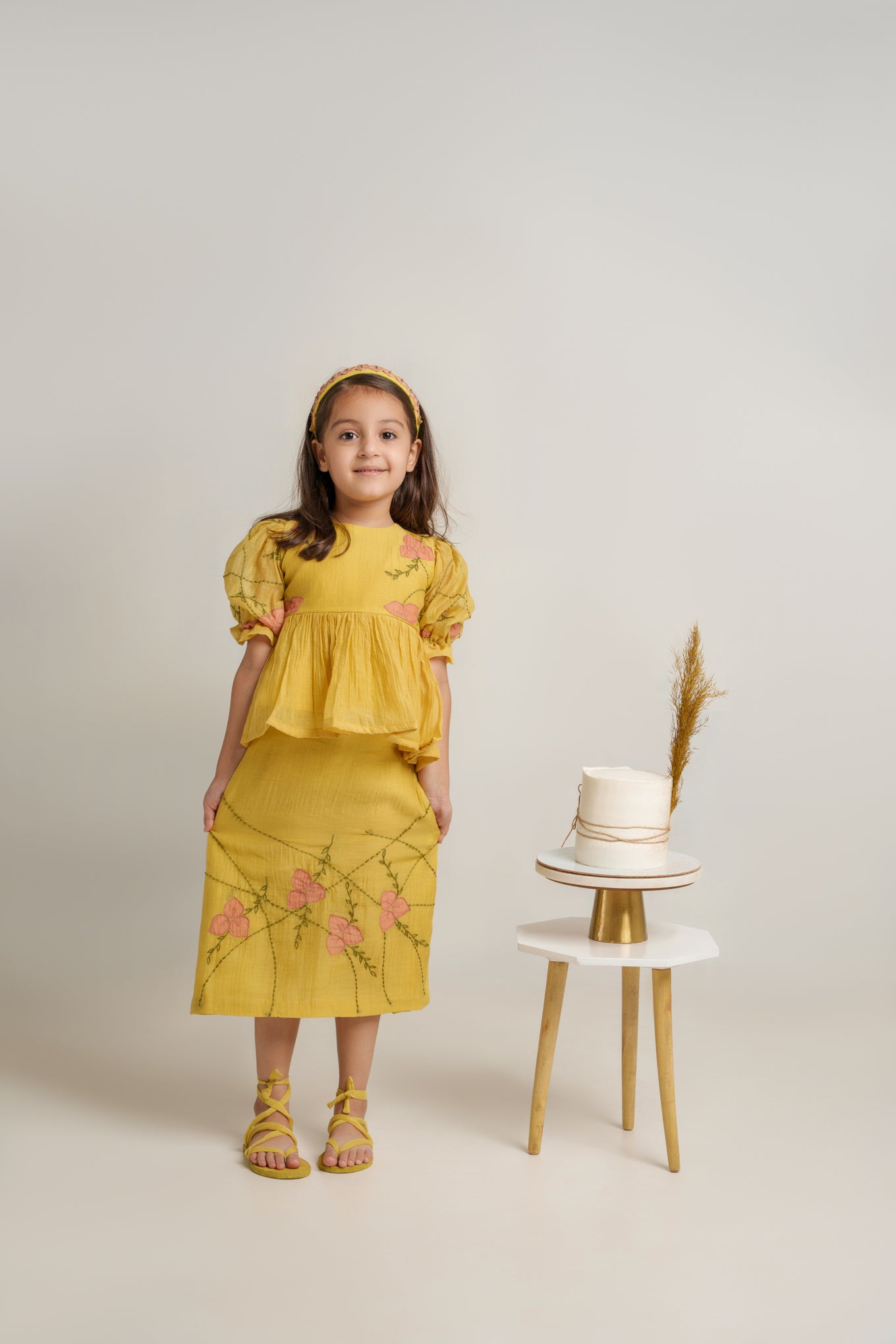 Yellow chanderi silk hand embroidered girls co-ord set