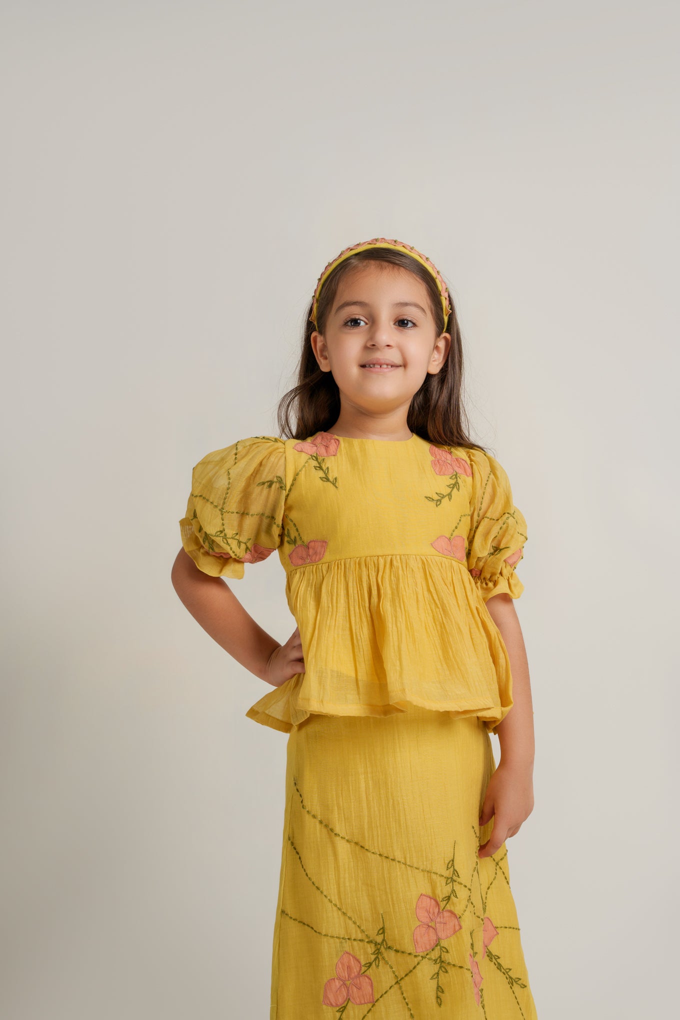 Yellow chanderi silk hand embroidered girls co-ord set