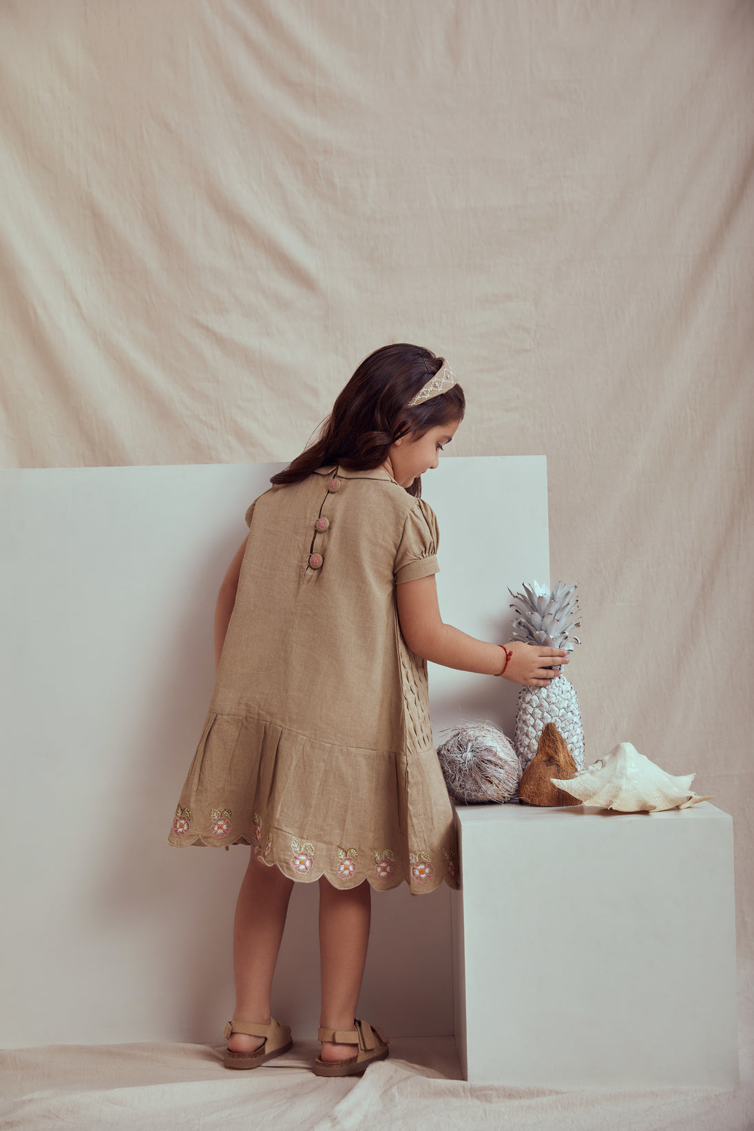 Beige linen hand embroidered short dress