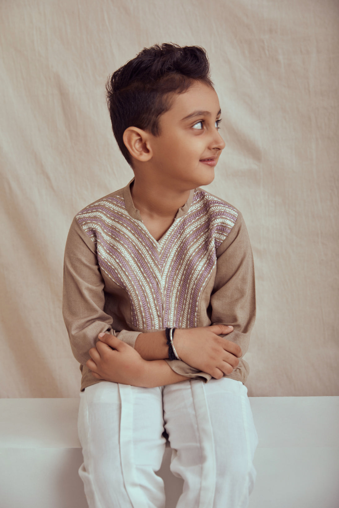 Linen beige hand embroidered kurta shirt and white pleated pants