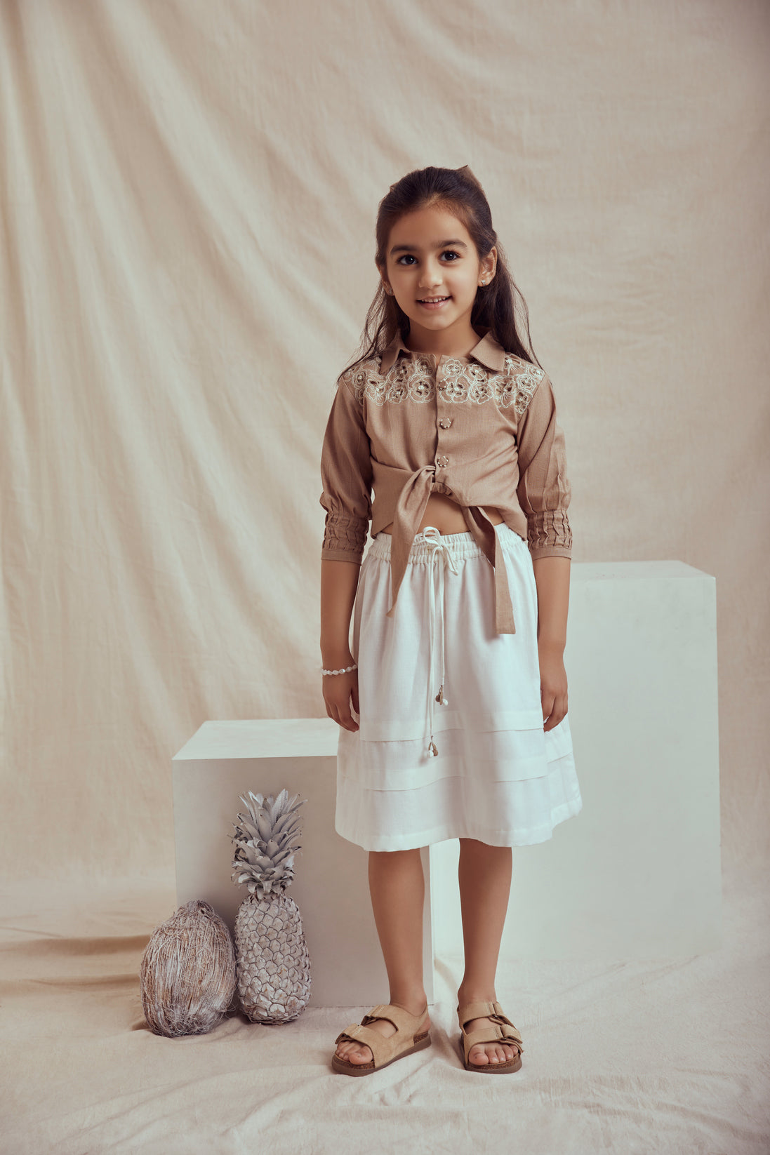 Beige linen tie up top and white flared skirt set