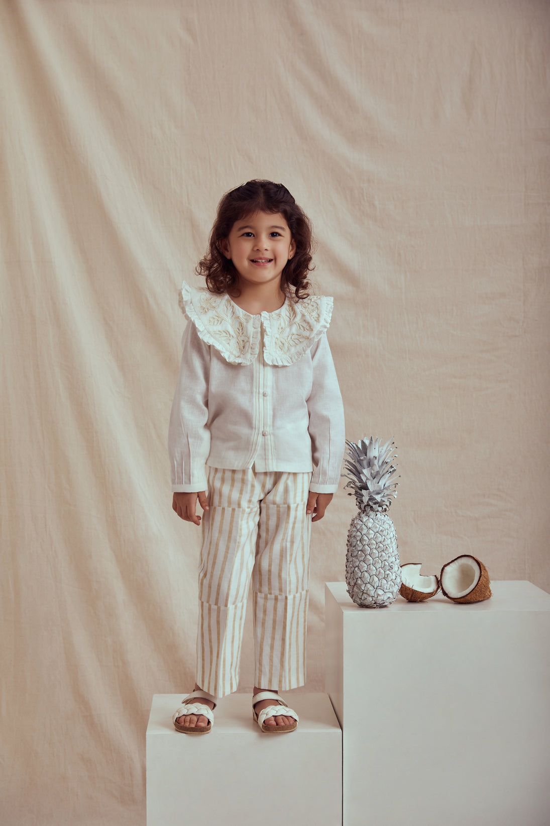 linen white top and stripe cotton pant set