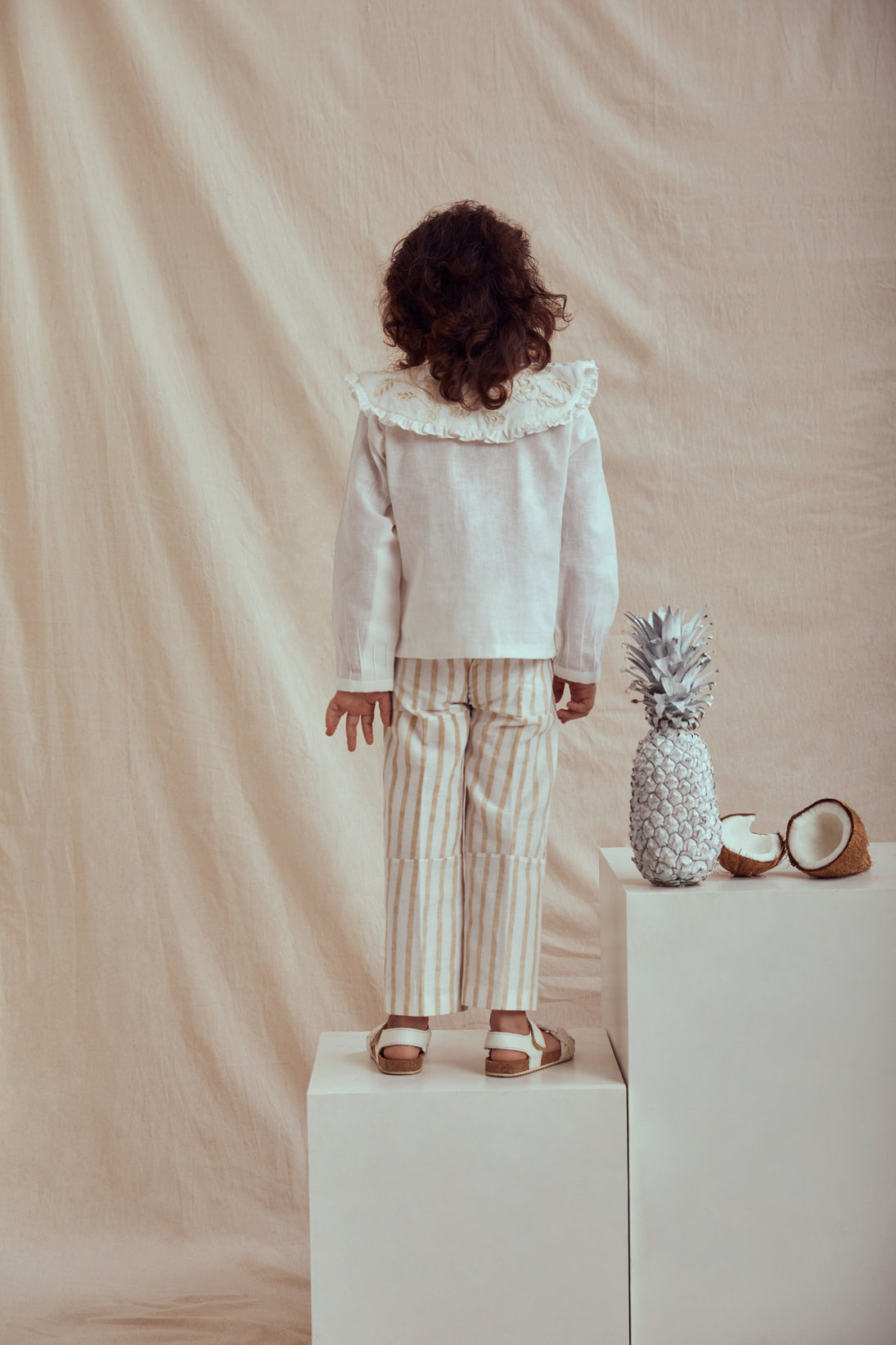 linen white top and stripe cotton pant set