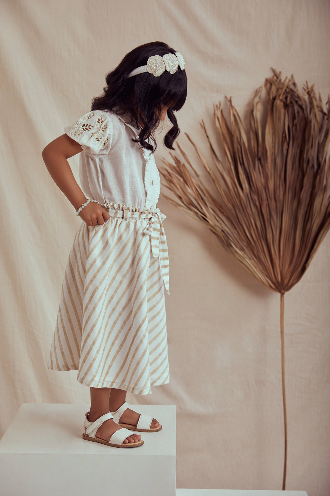 White linen shirt and cotton stripe skirt set