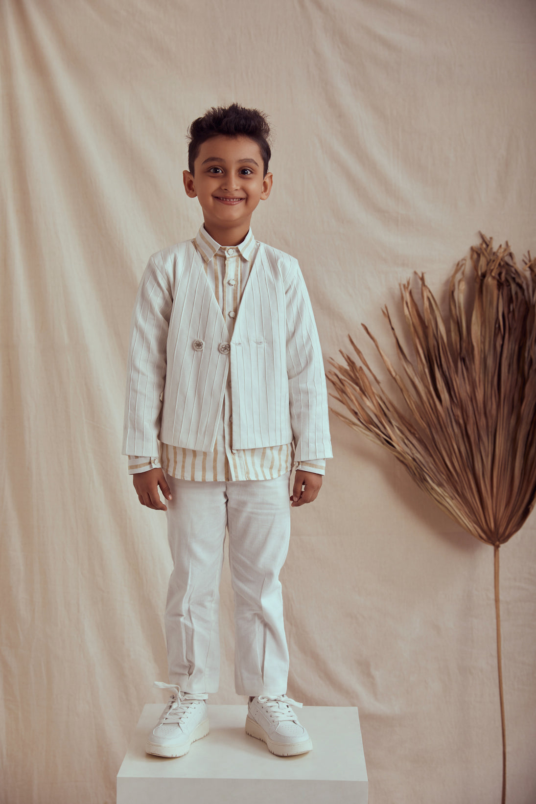 White linen jacket set with cotton stripe printed shirt