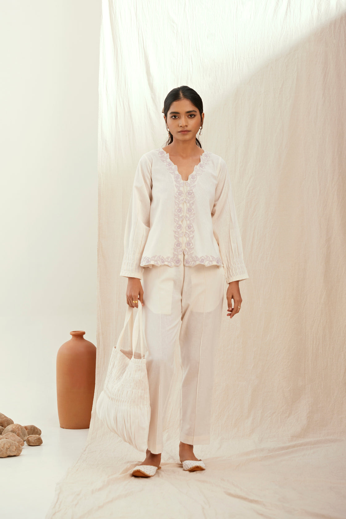 Oatmilk linen co-ord set with hand embroidered top