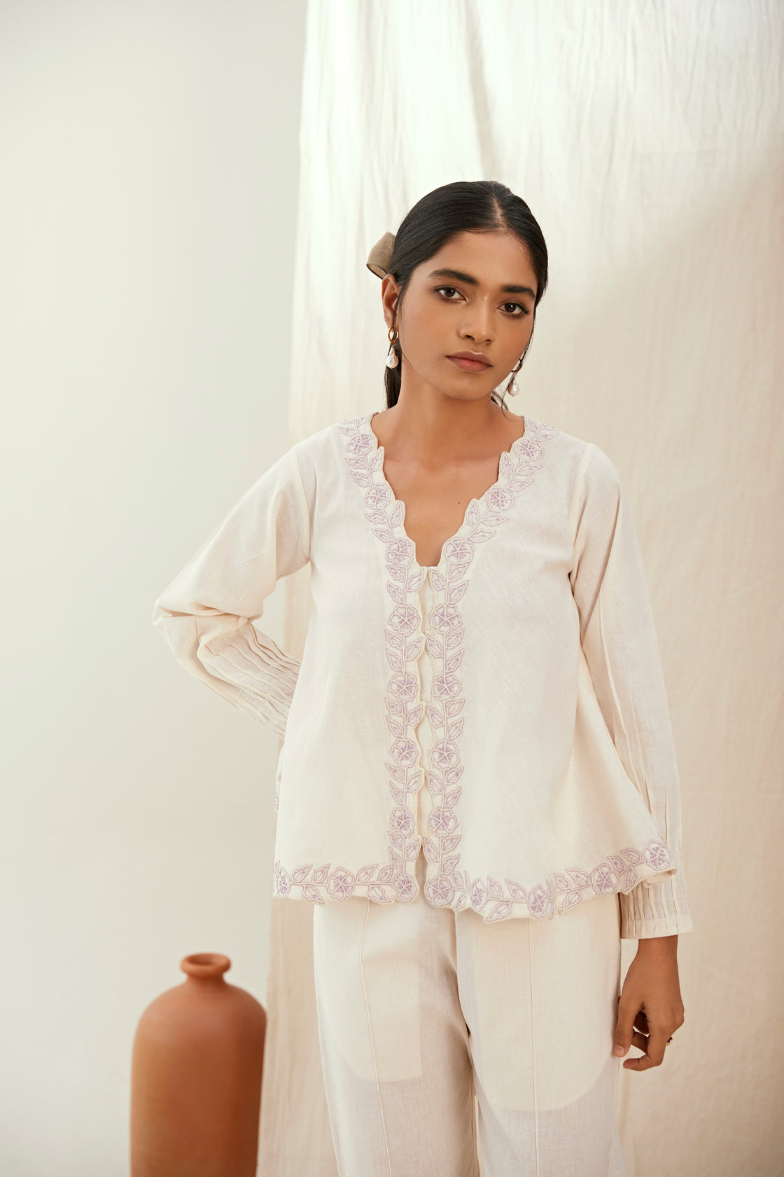 Oatmilk linen co-ord set with hand embroidered top