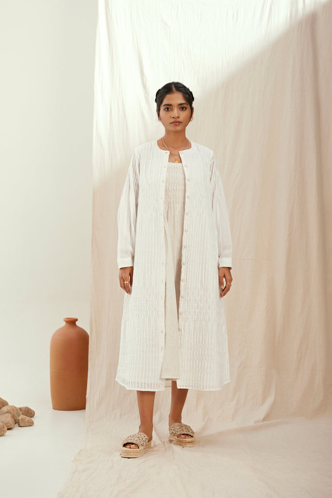 White cotton long jacket with stripe printed long dress – The right cut  store