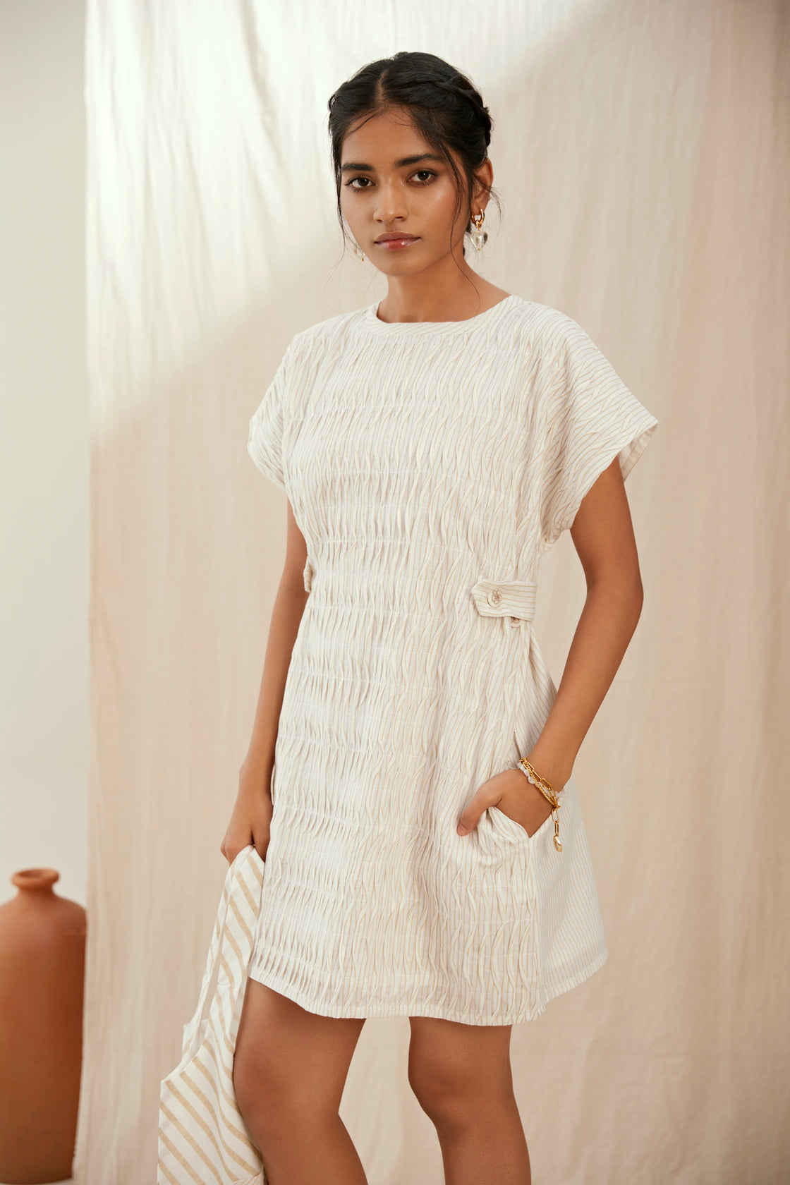 Stripe printed short cotton dress