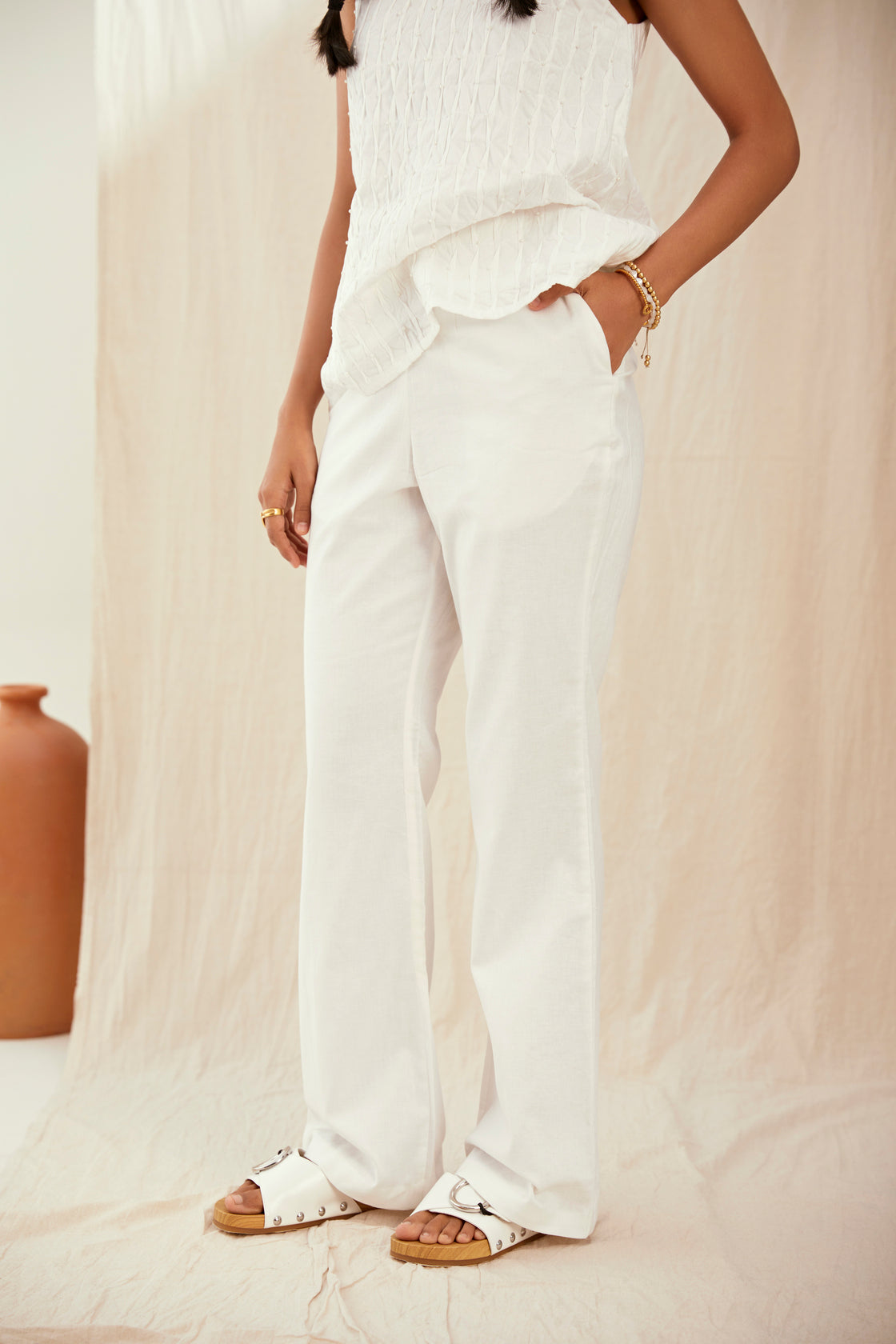 White cotton co-ord set with top and bootcut pants