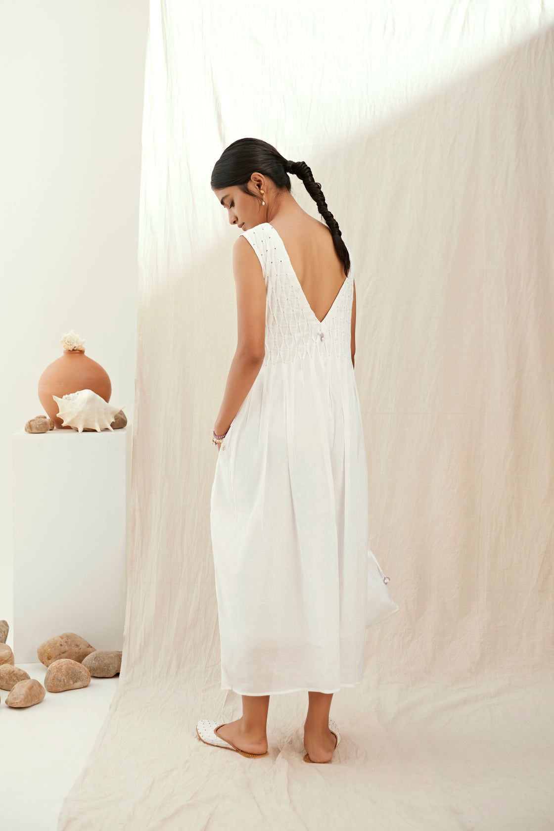 White cotton long flared dress