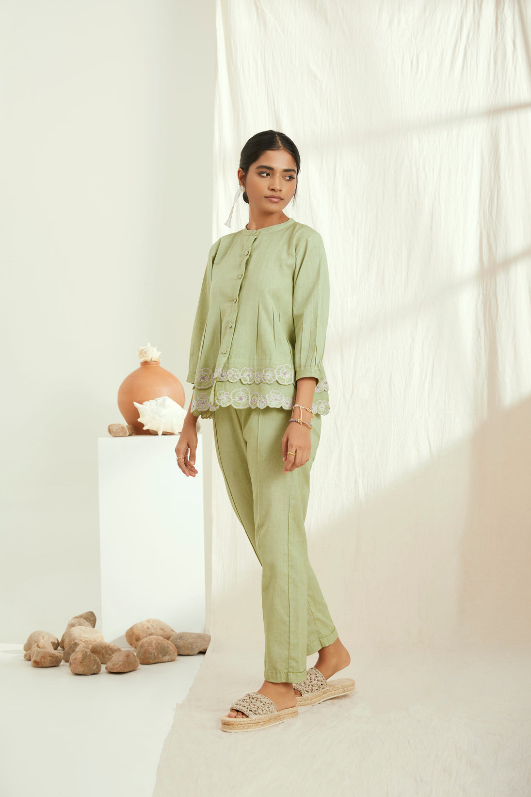 Green linen hand embroidered co-ord set