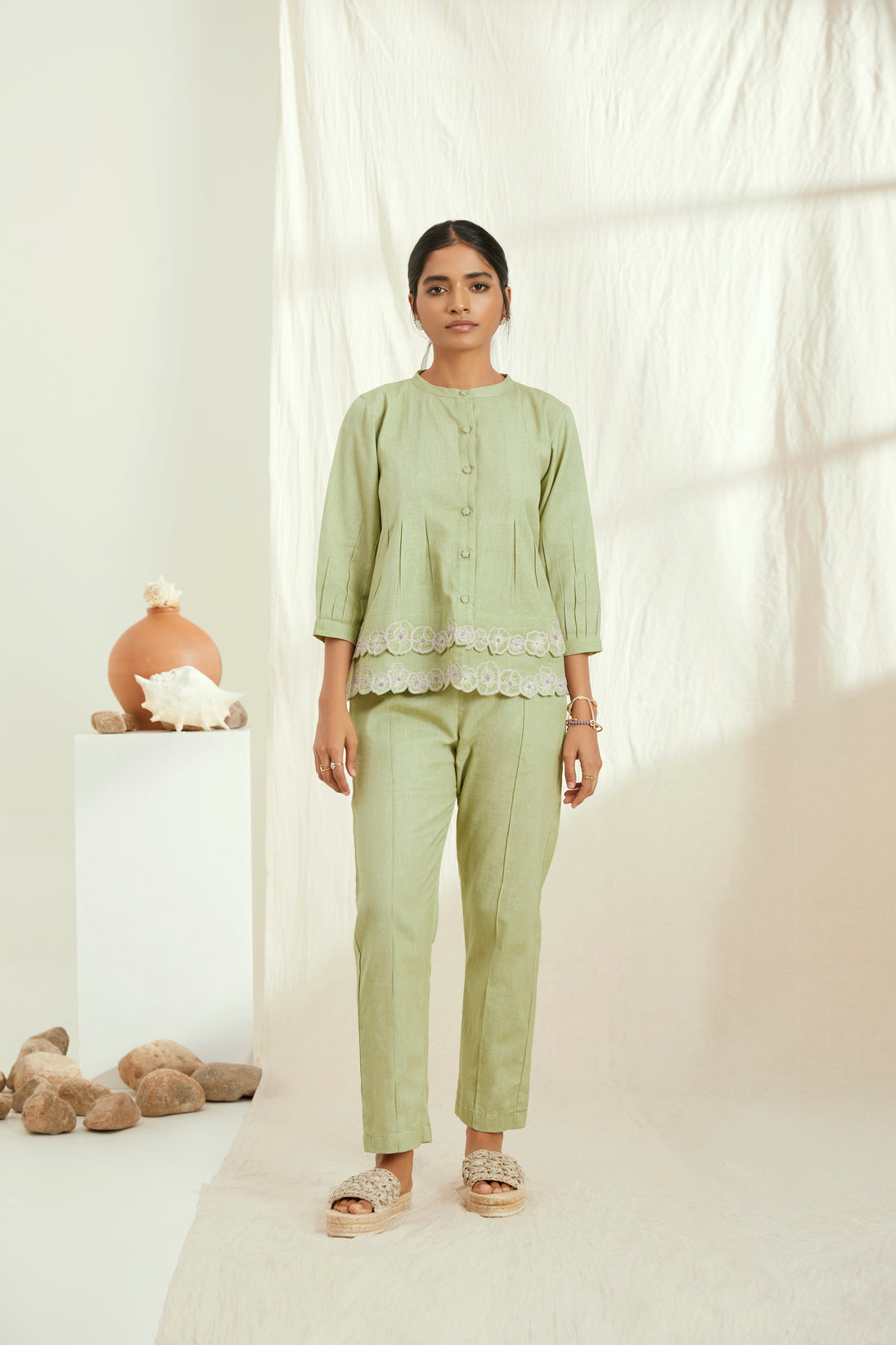 Green linen hand embroidered top