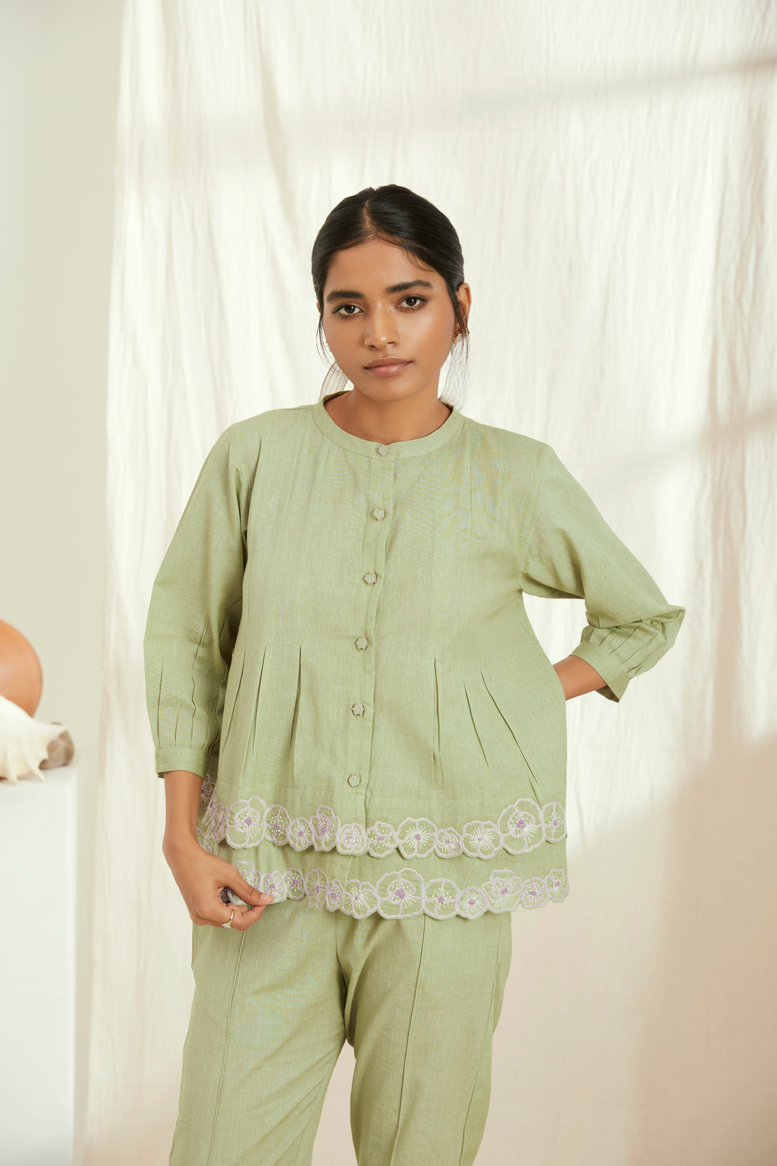 Green linen hand embroidered co-ord set