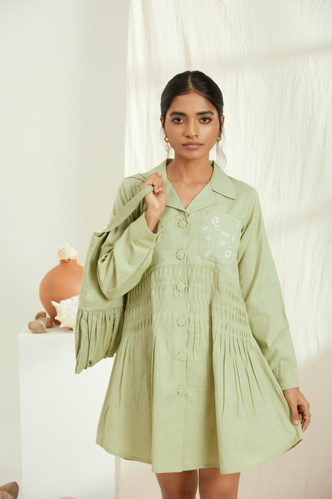 Green linen short shirt dress with hand embroidery
