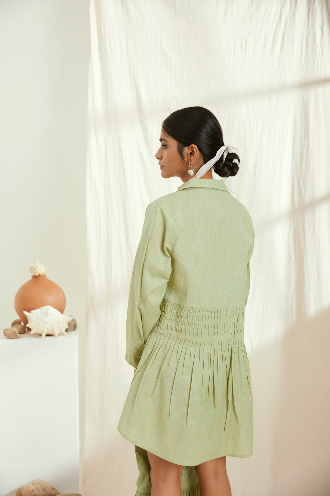 Green linen short shirt dress with hand embroidery