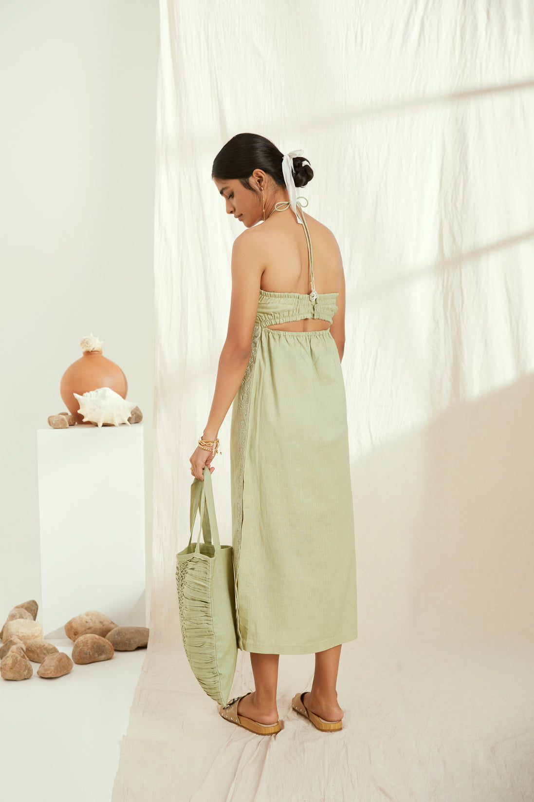 Green linen long dress with hand embroidery