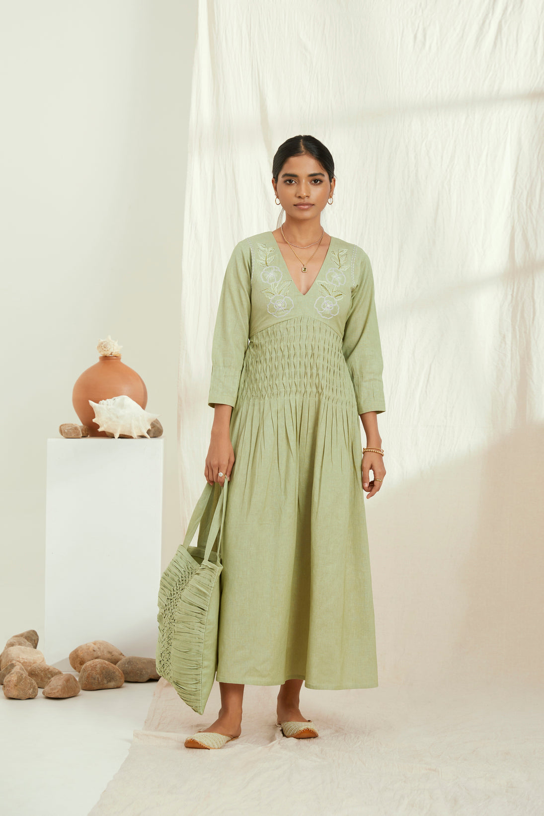 Green linen long dress with hand embroidered yoke