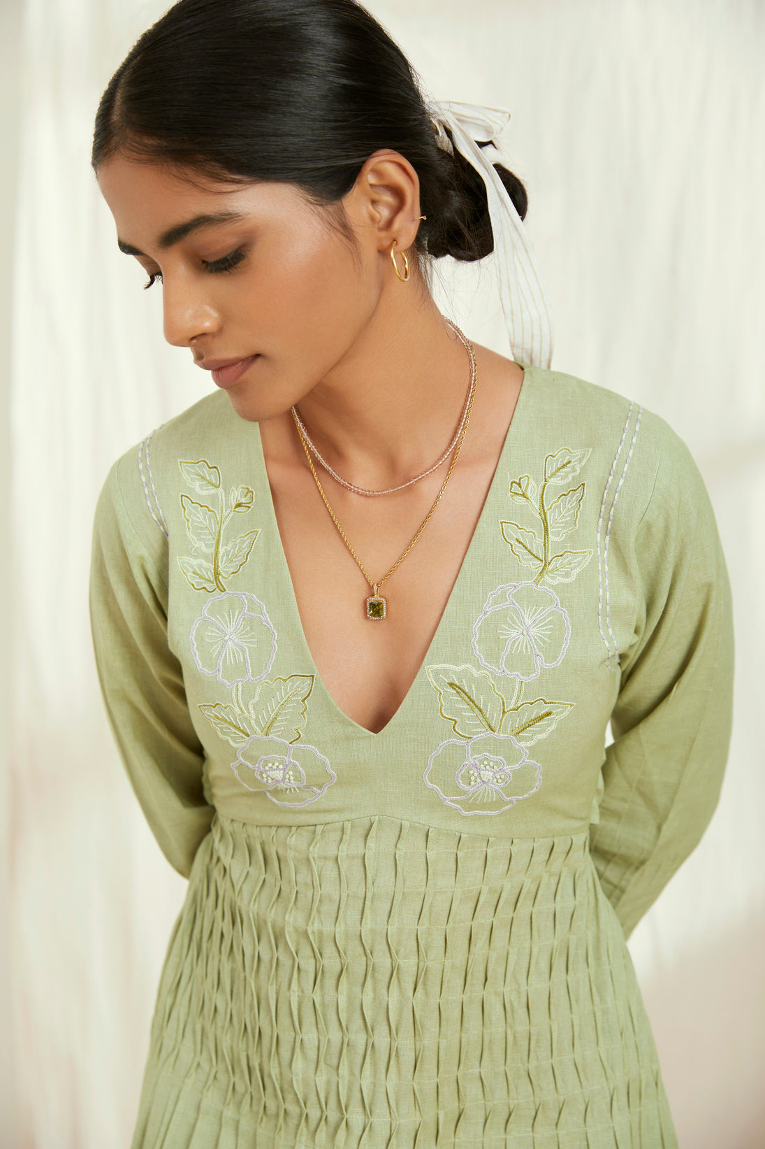 Green linen long dress with hand embroidered yoke