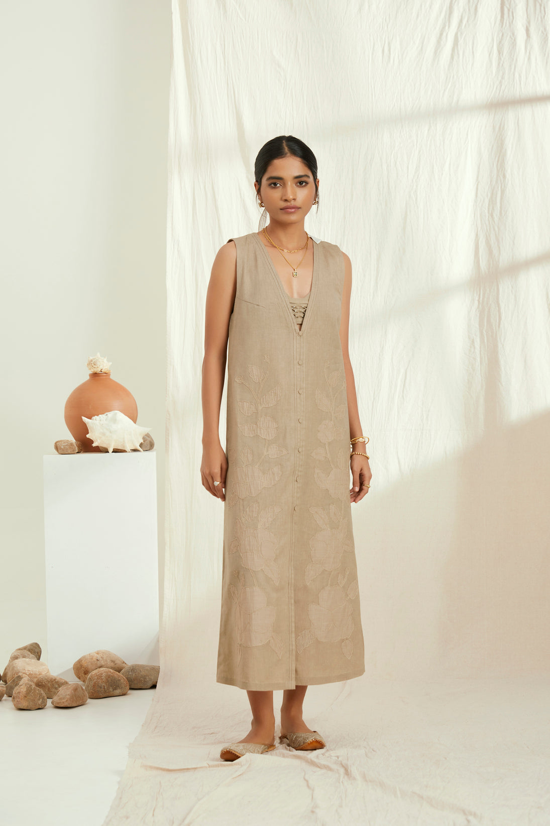Beige linen long dress with hand embroidery