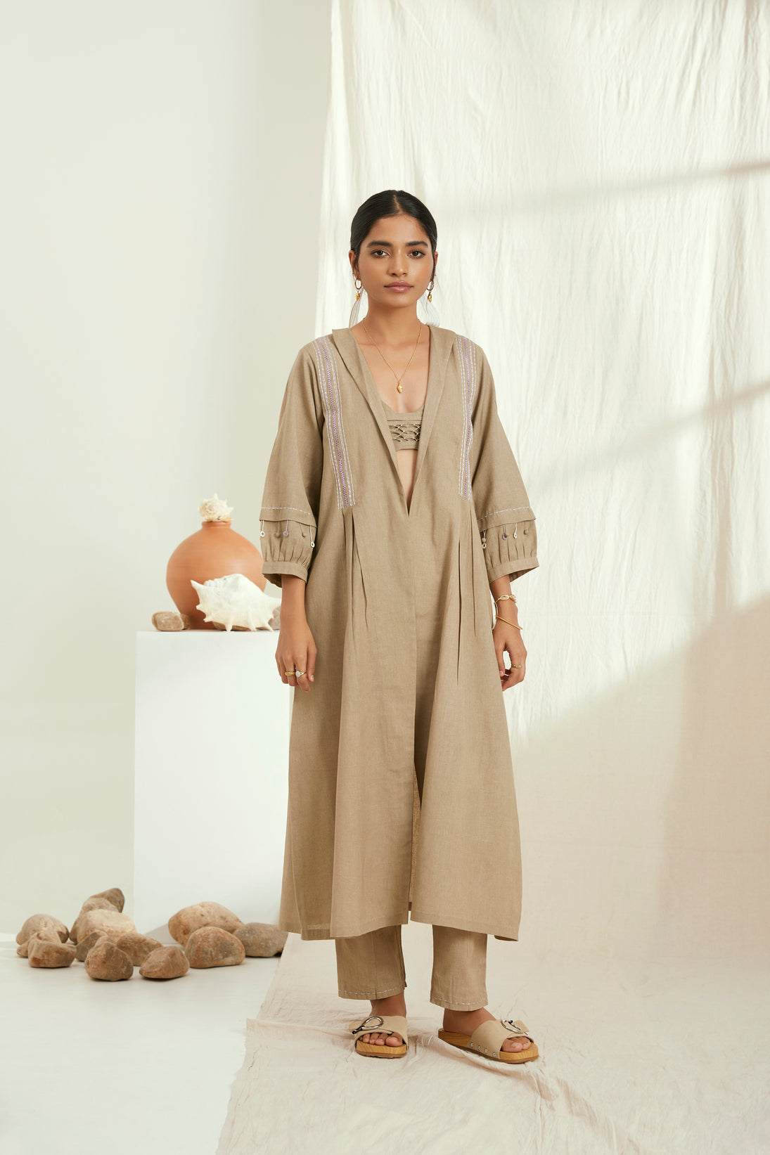 Beige linen long jacket set with hand embroidery
