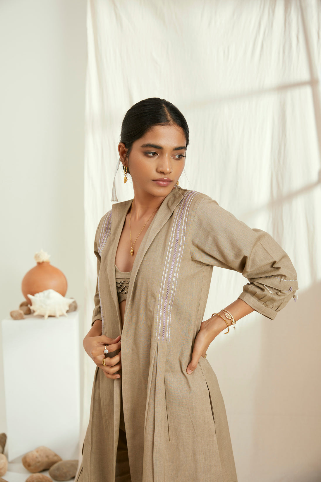 Beige linen long jacket with hand embroidery