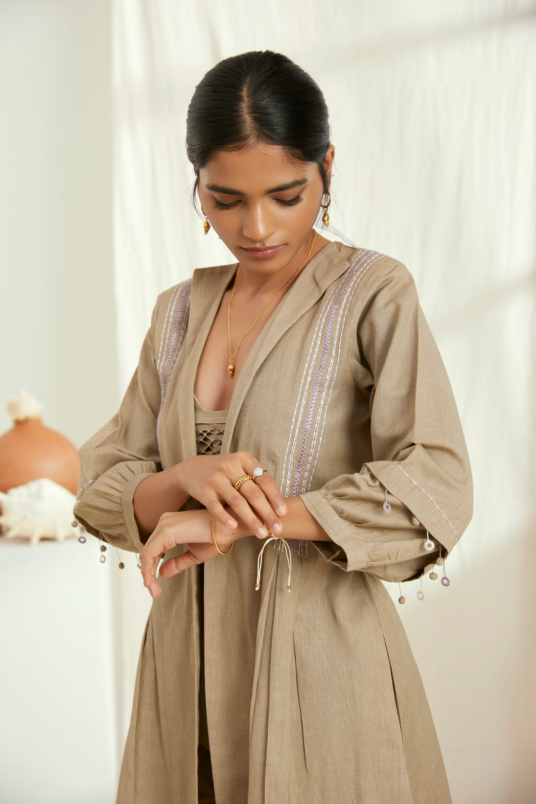 Beige linen long jacket set with hand embroidery
