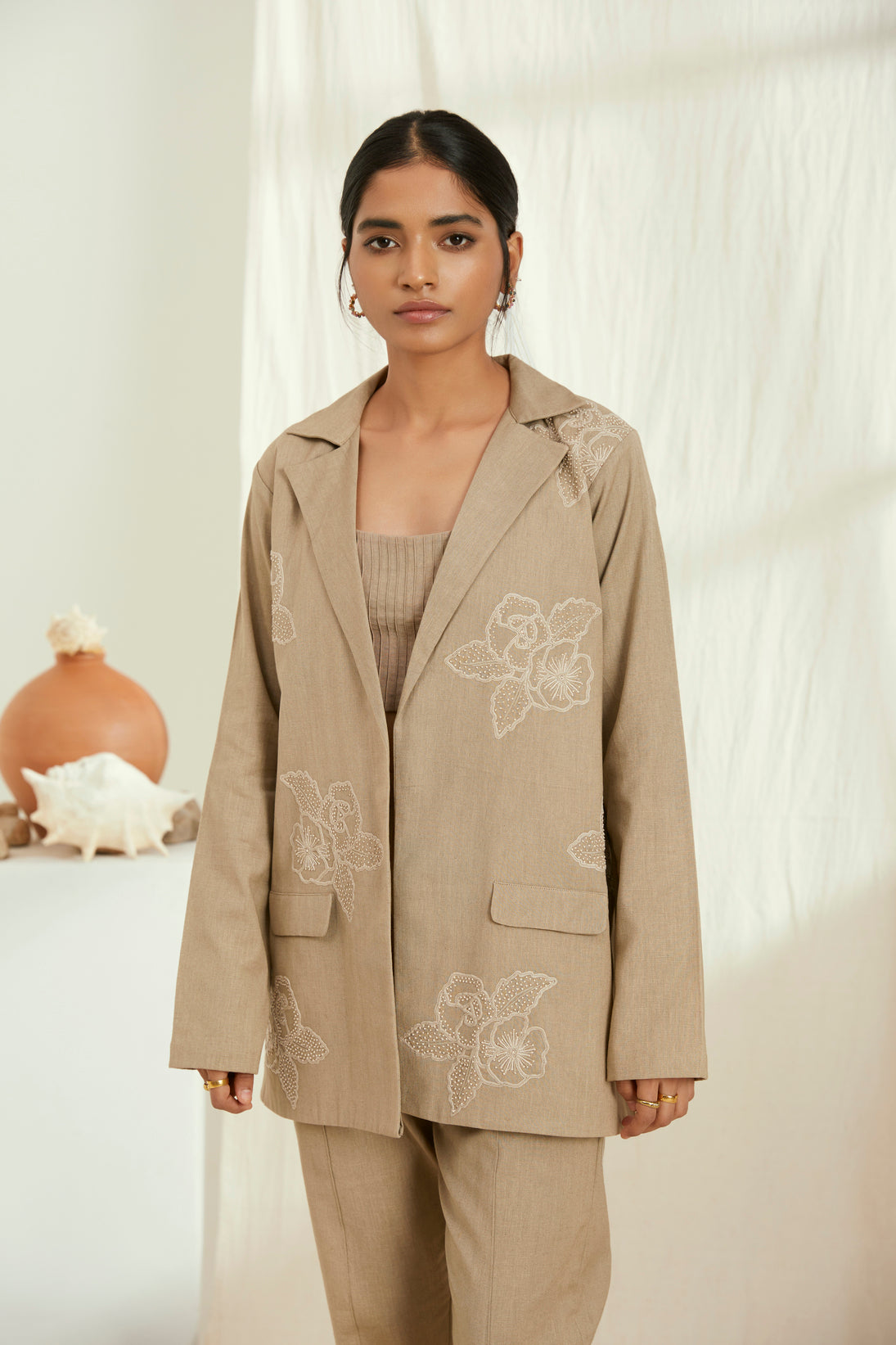 Beige linen blazer jacket with hand embroidery
