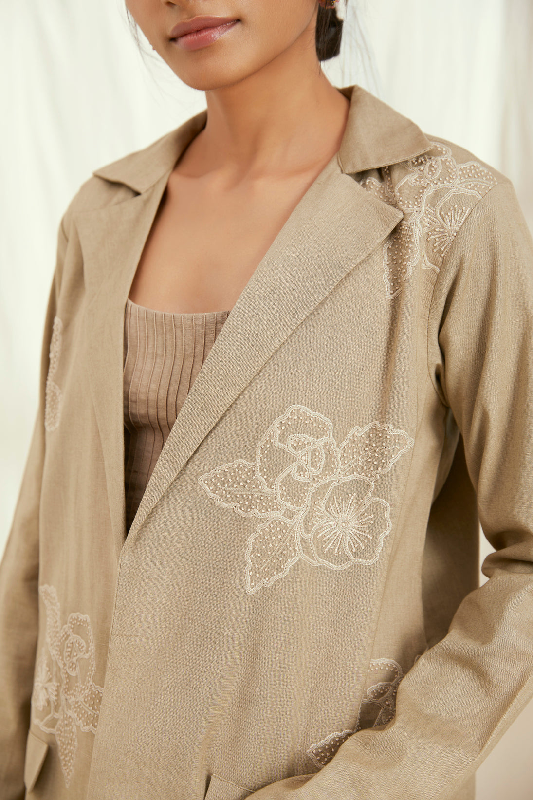Beige linen blazer jacket set with hand embroidery
