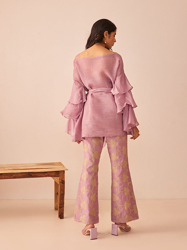 Lavender chanderi silk applique embroidered pants co-ord set