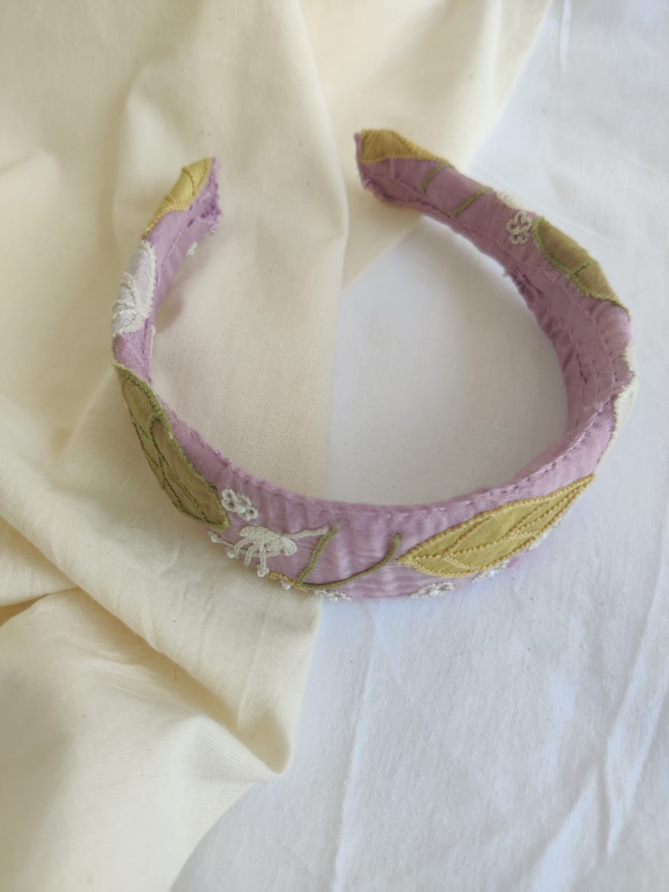Lavender chanderi hand embroidered applique head band